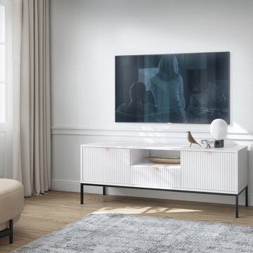 Lomadox Lowboard NEWCASTLE-160, Fernsehschrank, weiß, Fußgestell schwarz, Griffe goldfarben