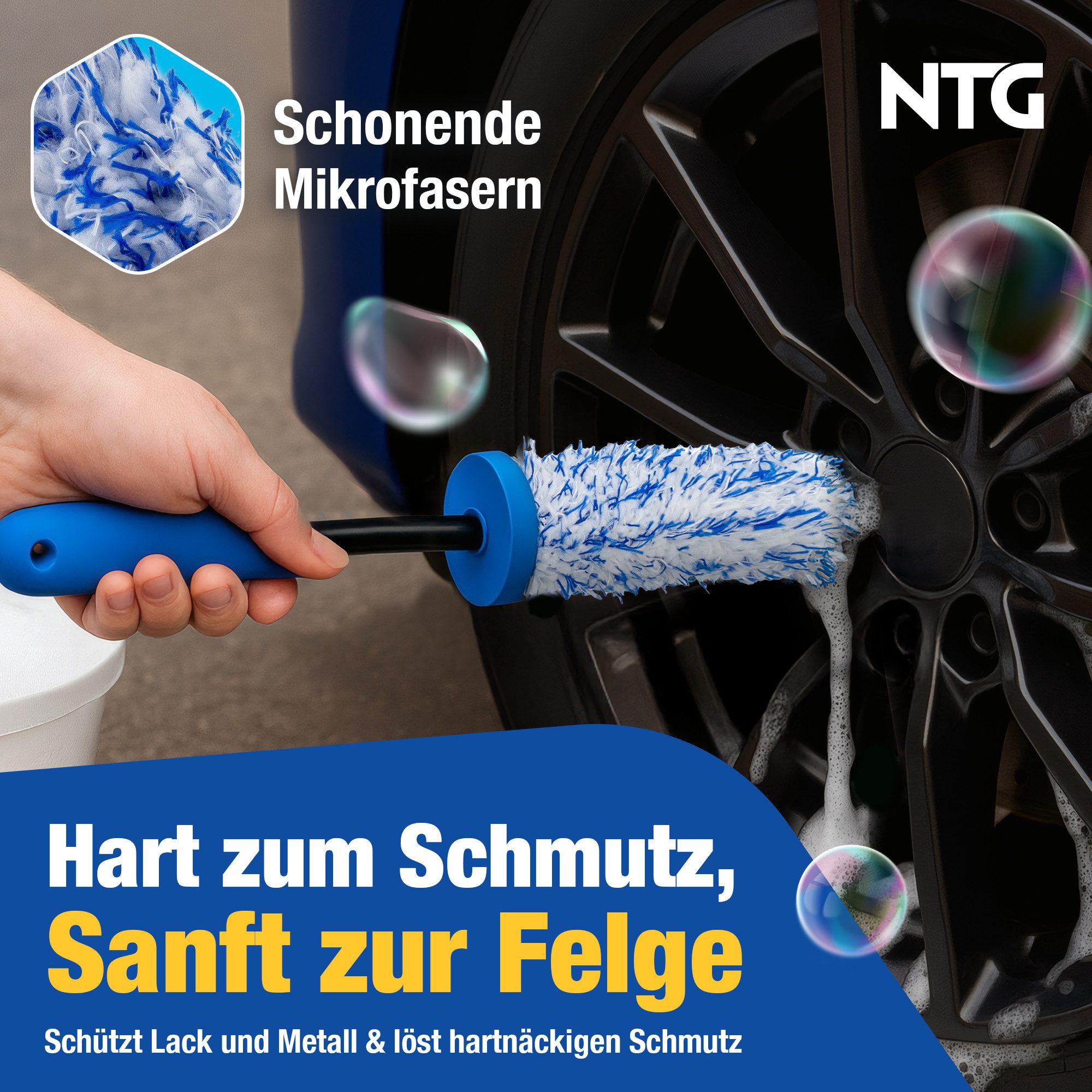 NTG Nutzfahrzeug Technik GmbH Felgenbürste Felgenbürste Mikrofaser Auto- Radbürste, (1-tlg), Ideal für Alu,-Stahlfelgen