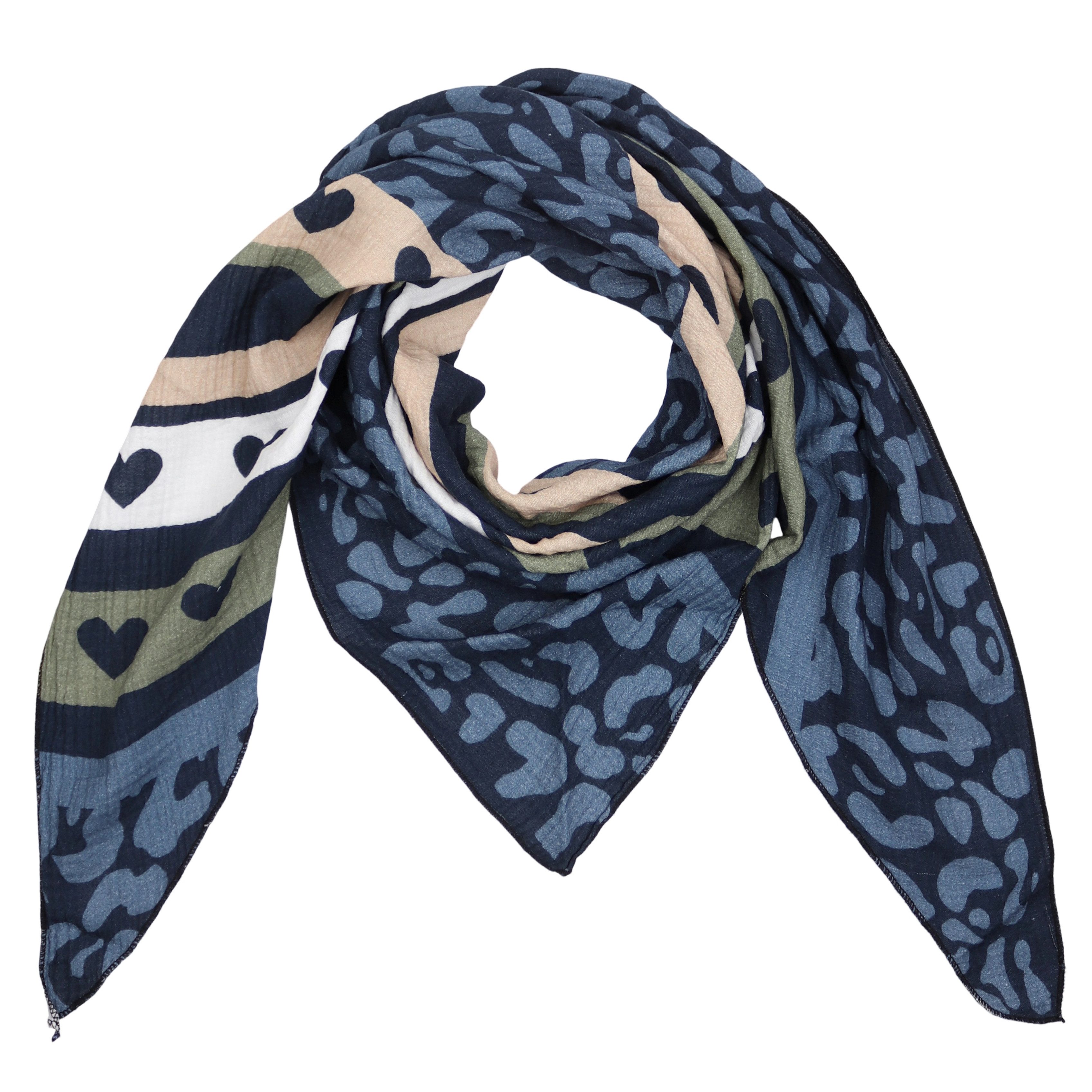MIRROSI Dreieckstuch Aus Musellin Dreiecksschal ca.195x90 cm, Made in Italy, (Leicht, ideal für das ganze Jahr; 100% Baumwolle), in tollen Farben (Leo Love Muster)