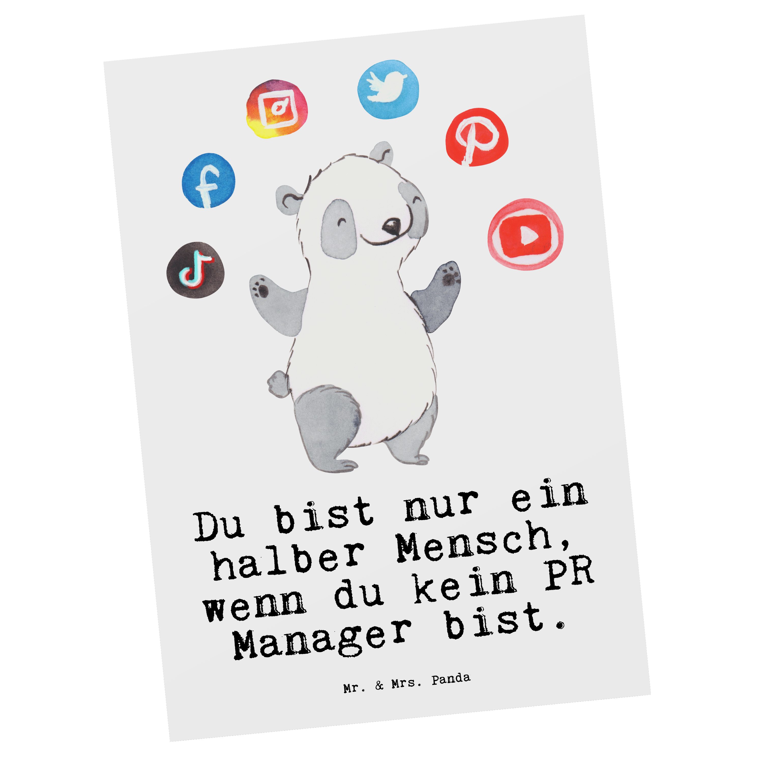 Mr. & Mrs. Panda Postkarte PR Manager mit Herz - Weiß - Geschenk, Dankeskarte, Ansichtskarte, Ge