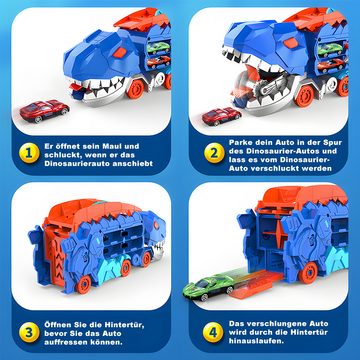 POPOLIC Spielzeug-Transporter 2-in-1-ultimativer T-Rex-Transporter mit Lichtern und Geräuschen, (Spielzeugaufbewahrung für 20 Autos, inklusive 8 Spielzeugautos), Spielzeug für Kinder ab 4 Jahren, Transporter, mit Rennstrecke