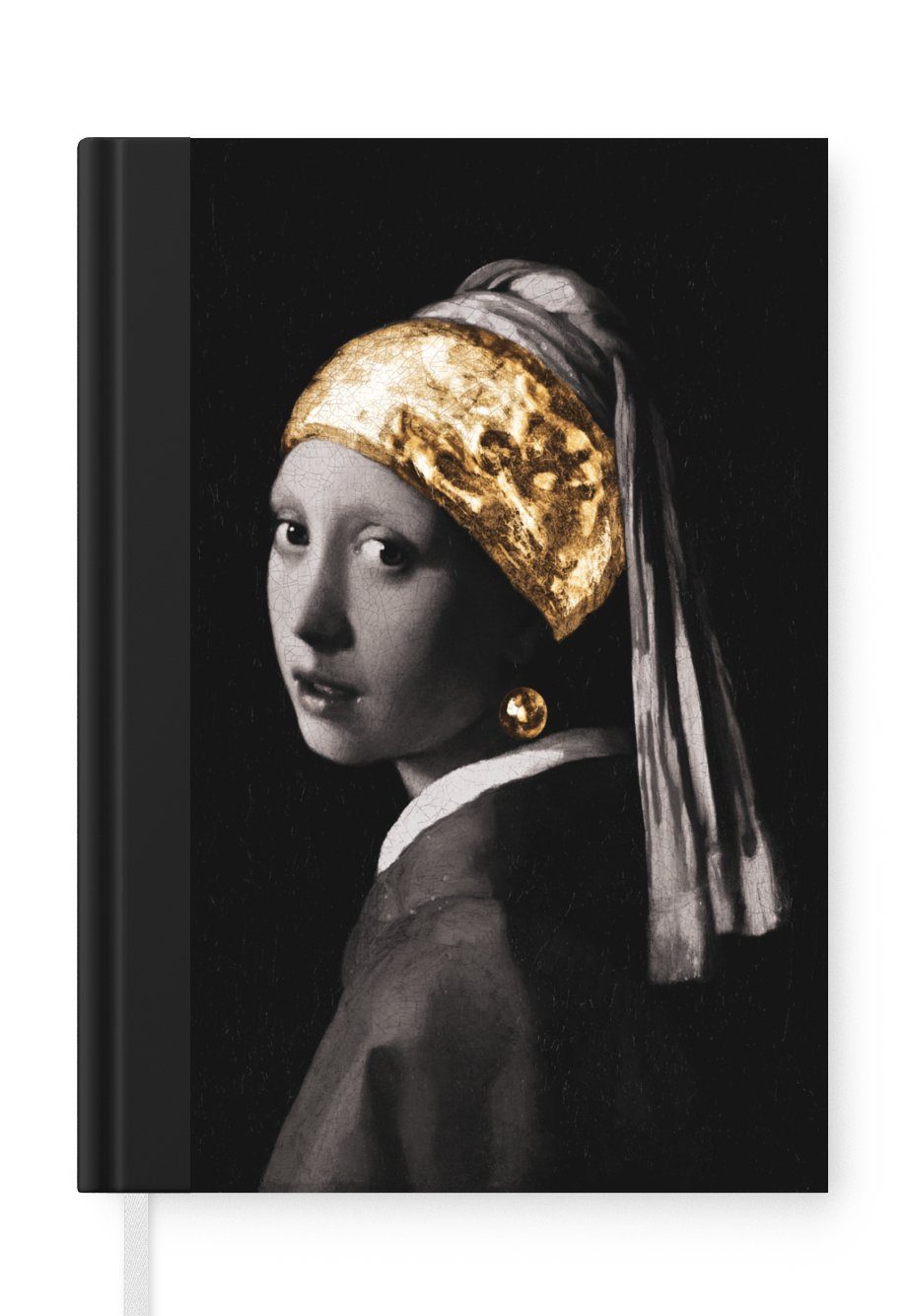 MuchoWow Notizbuch Mädchen mit einem Perlenohrring - Johannes Vermeer - Gold, Journal, Merkzettel, Tagebuch, Notizheft, A5, 98 Seiten, Haushaltsbuch