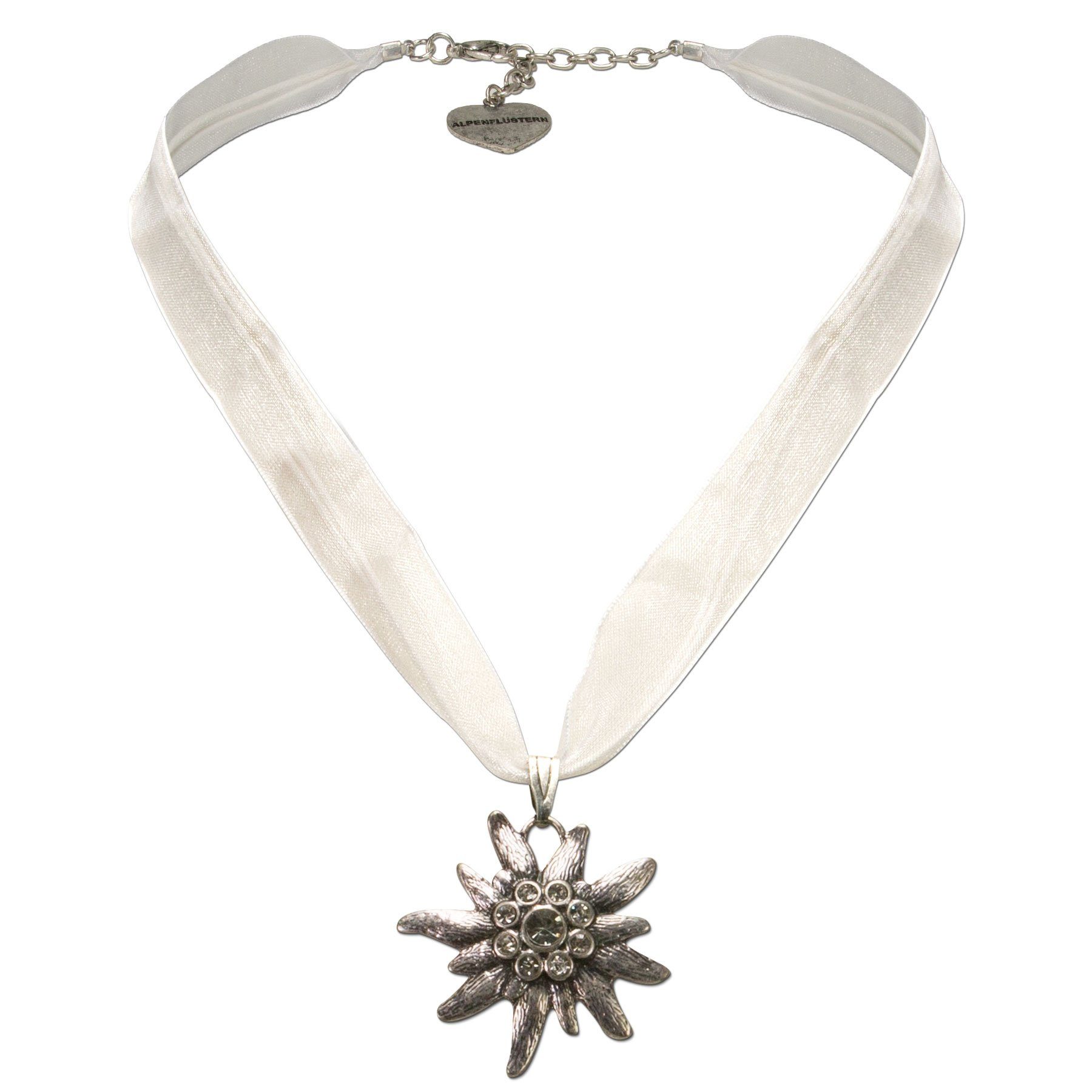 Alpenflüstern Ketten-Set Trachtenschmuck-Set Organza-Trachtenkette und Ohrhänger Strass-Edelweiß (weiß), - Damen-Trachten-Schmuck, Trachtenset Dirndl-Kette und Trachten-Ohrringe
