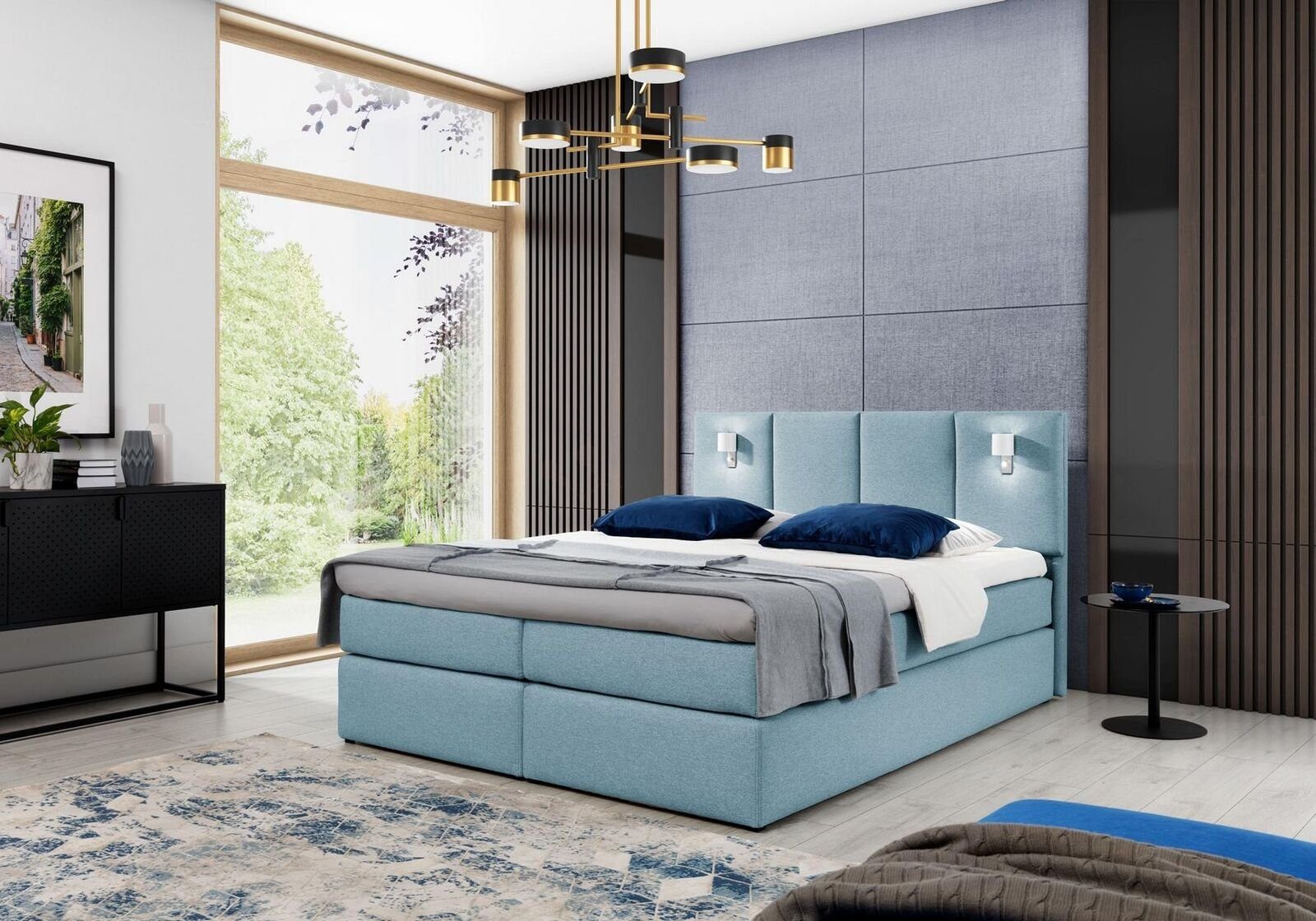 Blau Boxspringbett JVmoebel Design Hotel Schlafzimmer Bett, Modern Bett Polster Doppel