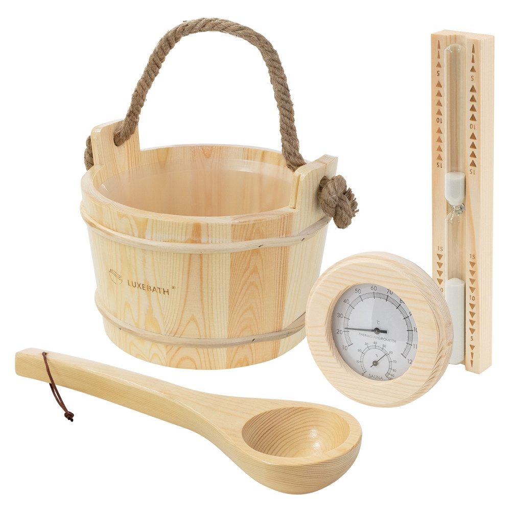 LuxeBath Sauna-Aufgussset 4-teilig Saunazubehör-Set aus massivem Kiefernholz, Sauna Set Zubehör Inkl. 4L Aufgusskübel, Kelle, Thermometer-Hygrometer, 15min. Sanduhr