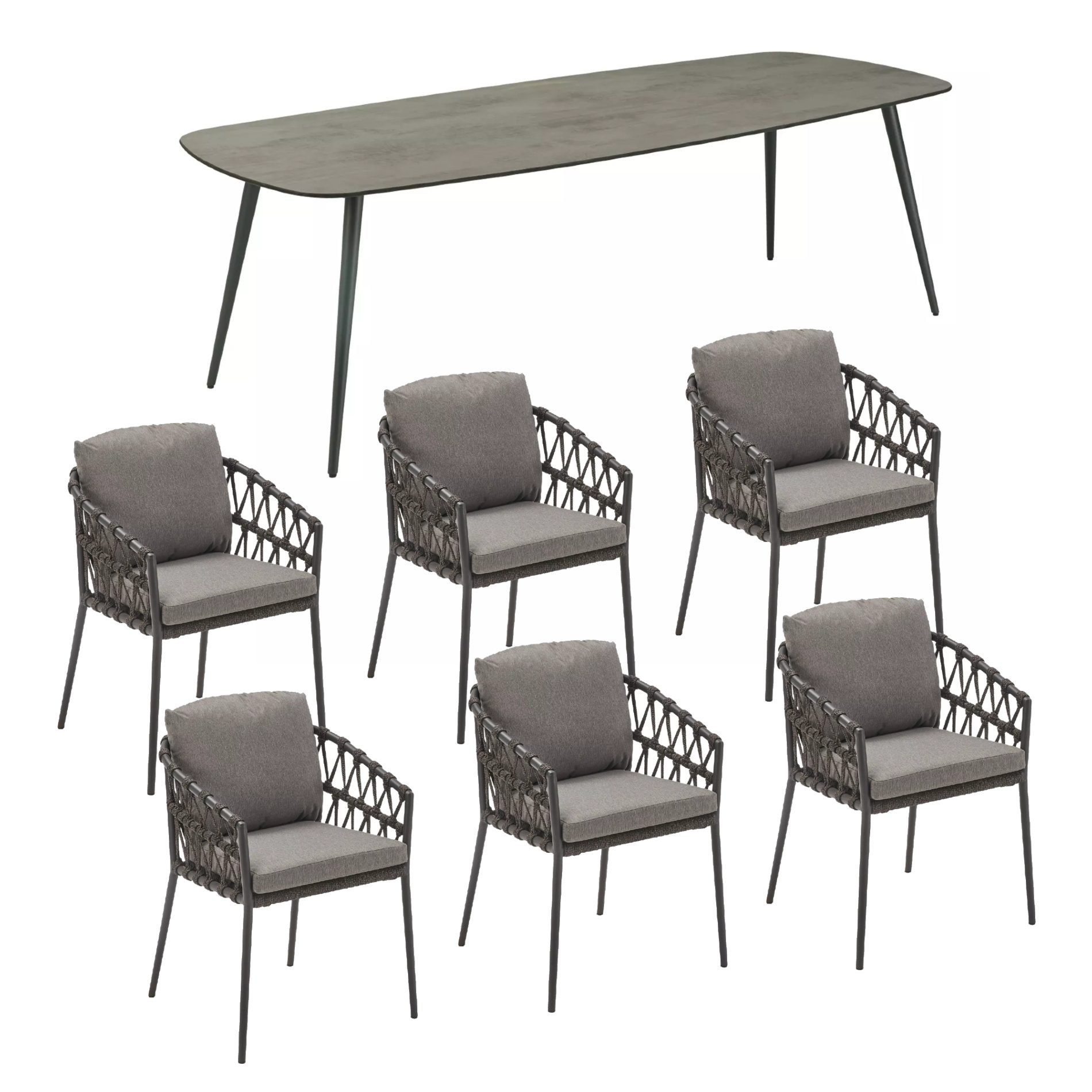 CASA DOMA Garten-Essgruppe Napola/Messina, (Gartenmöbel-Set, 7-tlg., bootsförmiger HPL-Gartentisch mit 6 Diningsesseln), Rope-Bespannung, inkl. Sitz- und Rückenkissen