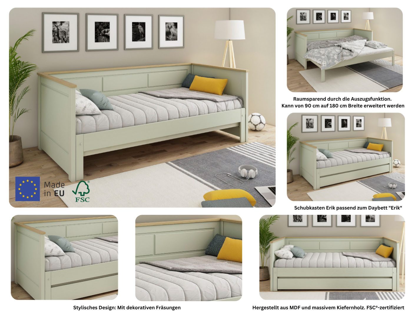 OTTO home Funktionsbett " ERIK " Daybed, Gästebett, Kinderbett, Massivholz (Kiefer), 2. Schlafplatz ausziehbar, moderner Landhausstil, Schublade optional