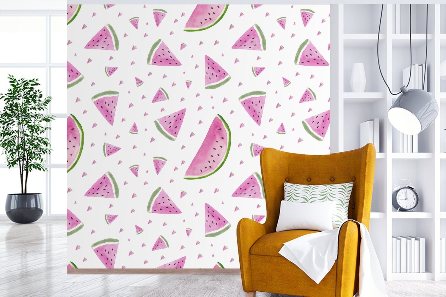 Wohnzimmer Schlafzimmer, (5 MuchoWow Wassermelonen oder St), - Aquarellfarbe Tapete bedruckt, Vinyl Fototapete für Matt, - Wandtapete Weiß,