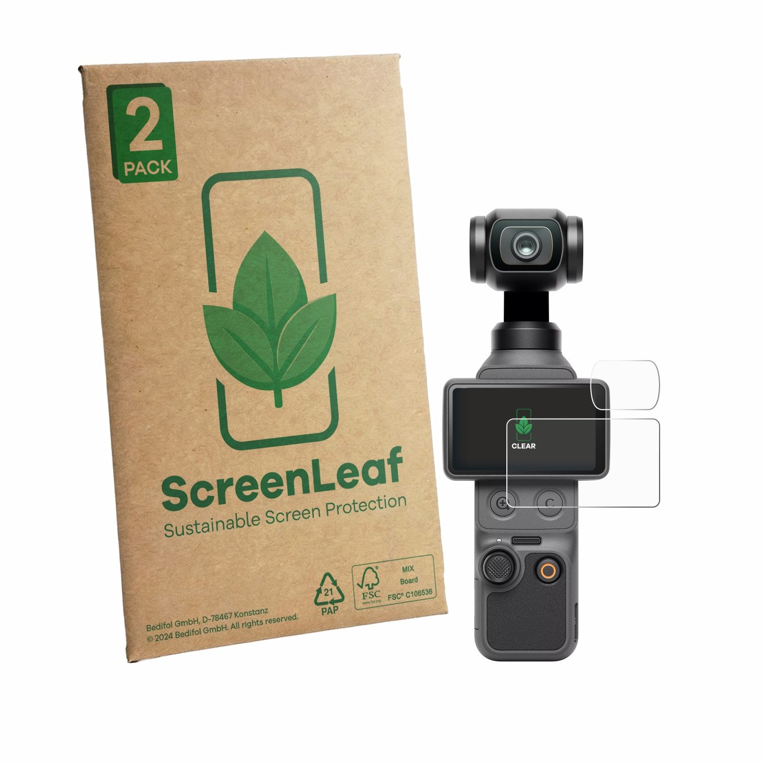 ScreenLeaf Displayschutzfolie Schutzfolie für DJI Osmo Pocket 4 (Display + Linse), 2 Stück, nachhaltiger Displayschutz Schutz Folie Klar Transparent