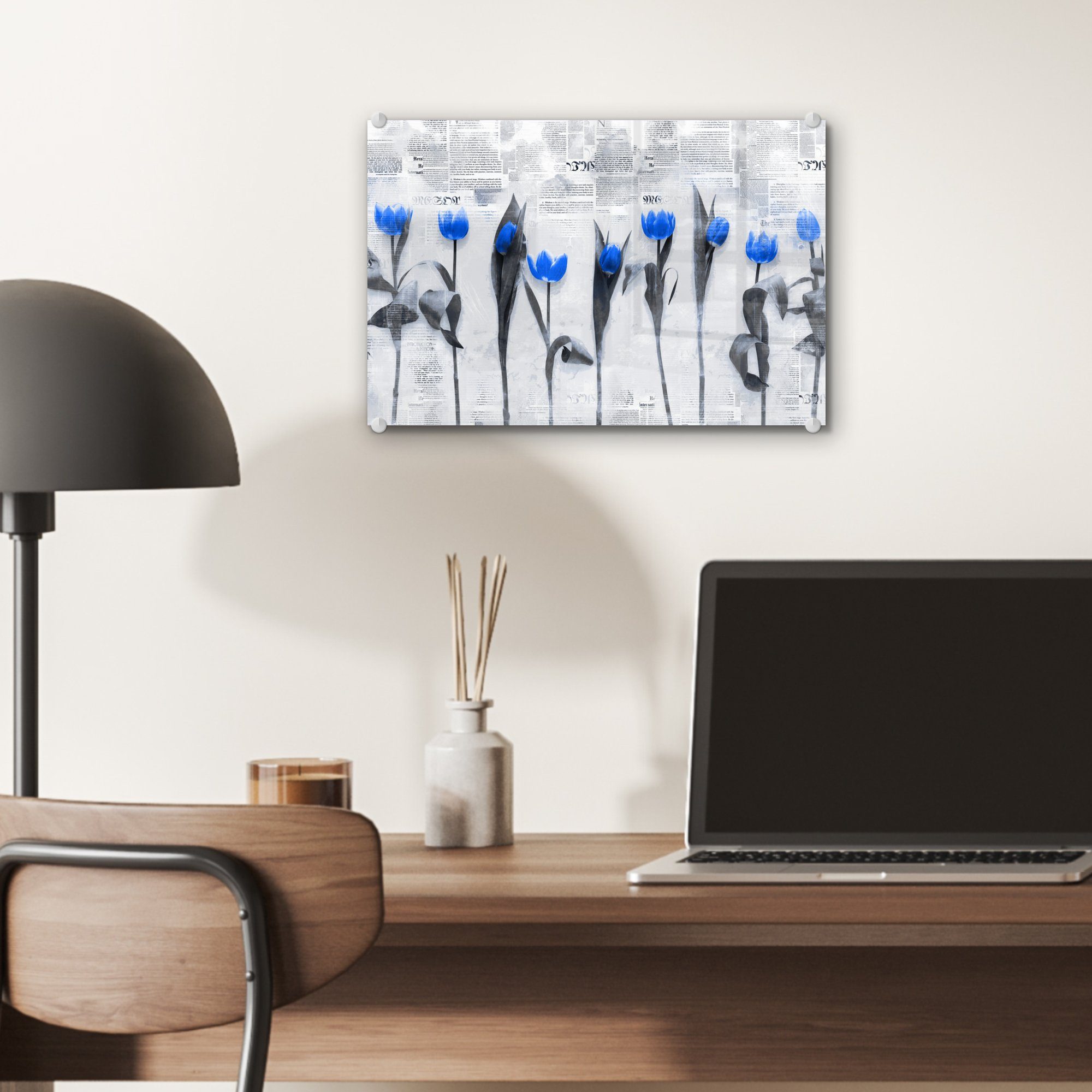 MuchoWow Acrylglasbild - auf (1 - St), Wanddekoration auf - Bilder - Glas Blau, Tulpen - Foto Wandbild Glas Glasbilder Blumen