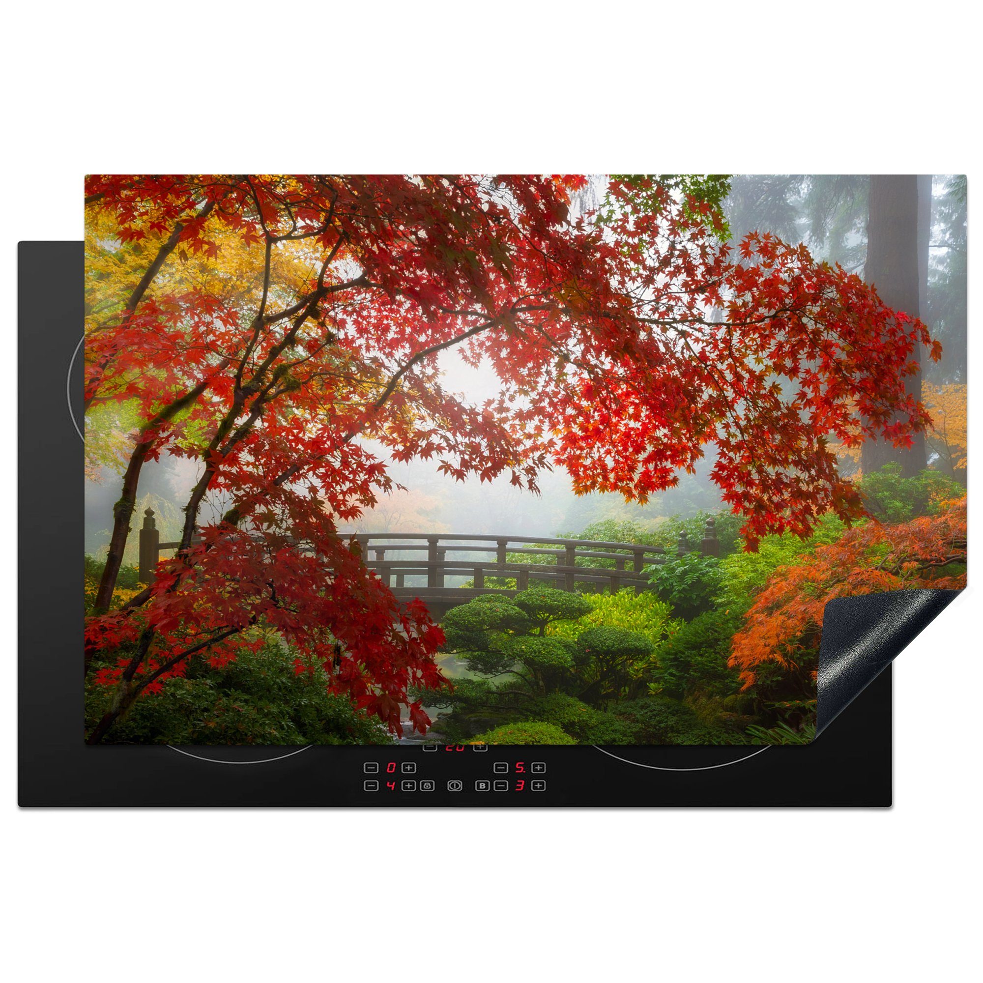 MuchoWow Herdblende-/Abdeckplatte Japanischer Ahorn - Bäume - Brücke - Natur - Japanisch, Vinyl, (1 tlg), 81x52 cm, Induktionskochfeld Schutz für die küche, Ceranfeldabdeckung