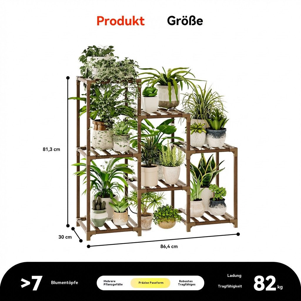 Bamworld Blumenständer Pflanzenständer mit Pflanzenlampe, Holzregal mit Warmlicht (1 St), 3 Ebenen, platzsparend, ideal für kleine Räume – Bild 2 von 5