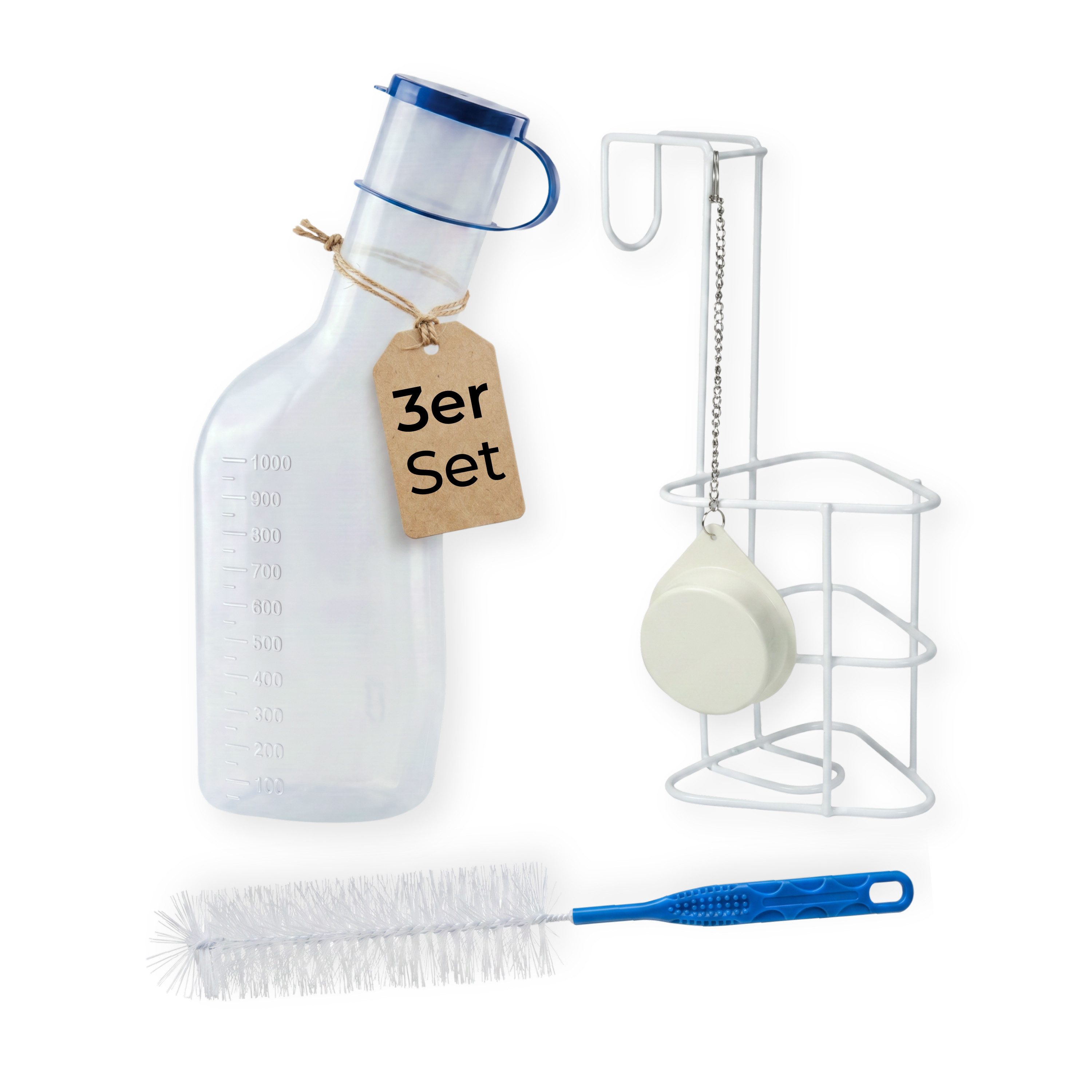 Medi-Inn CLASSIC Urin-Flasche PP 1000 ml für Männer milchig, N15554-KUG (Set, mit Betthalter und Reinigungsbürste), 1000 ml Fassungsvermögen