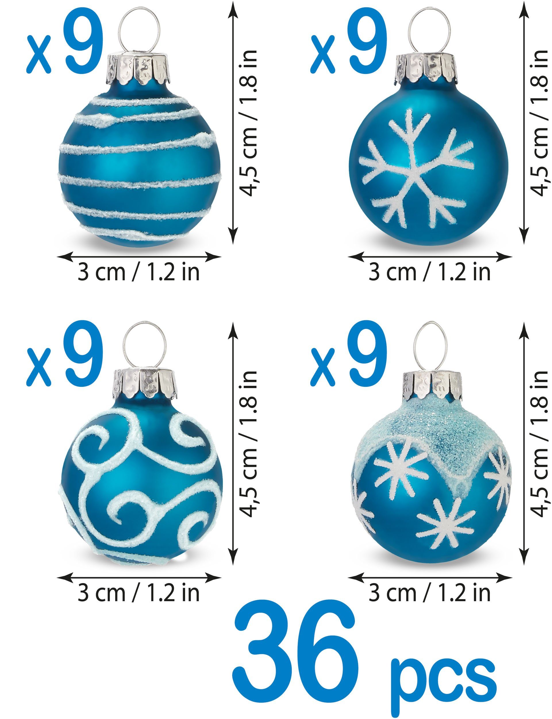 BRUBAKER Weihnachtsbaumkugel Weihnachtskugeln mit 3 cm Baumkugeln - Handbemalter Christbaumschmuck (36 St), Mini Kugeln für Weihnachtsbaum und Weihnachtsdekorationen aus Glas