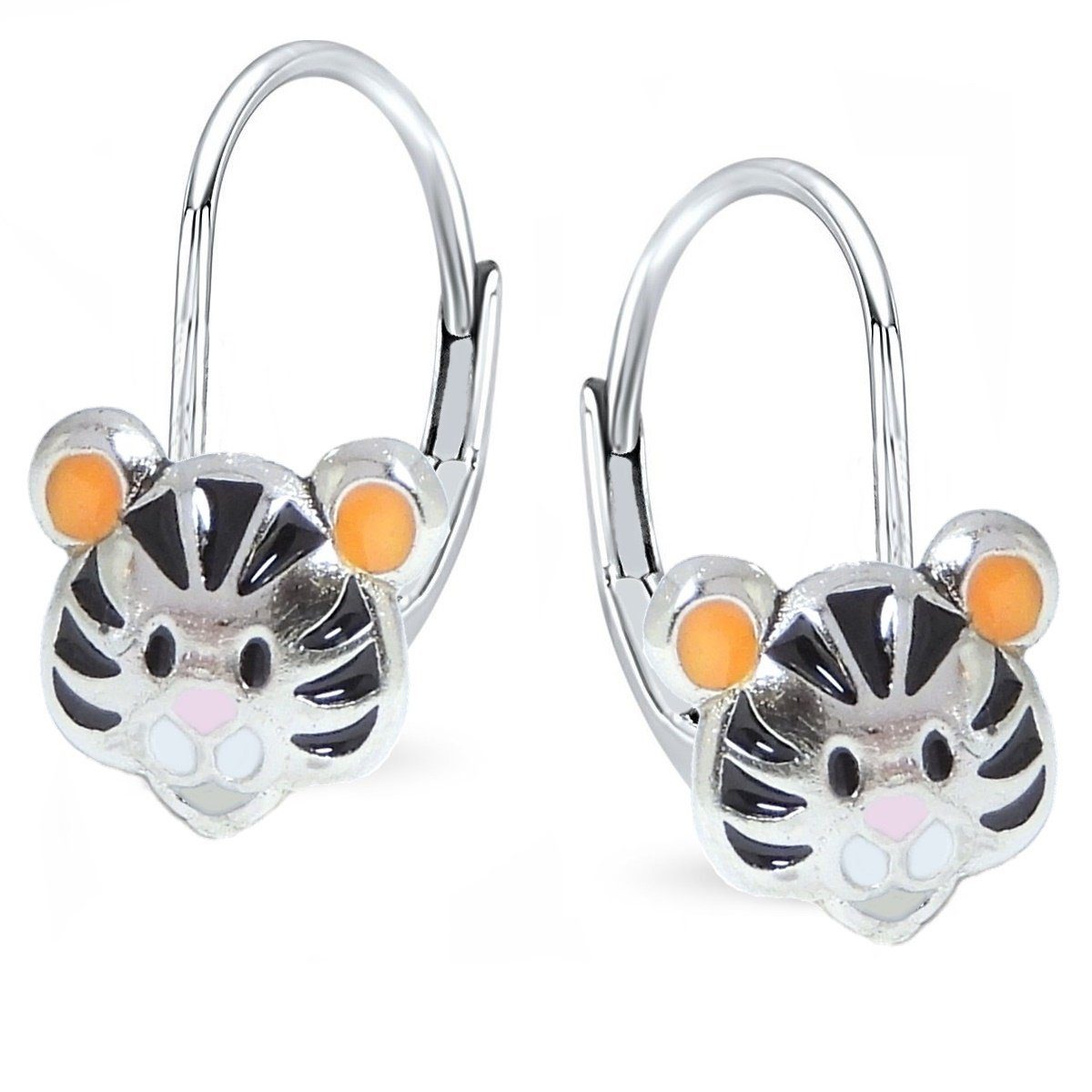 Goldene Hufeisen Paar Ohrhänger Tiger Mädchen Kinder Klappbrisuren Ohrringe 925 Silber mit Emaille (1 Paar, inkl. Etui), Rhodiniert | Ohrhänger