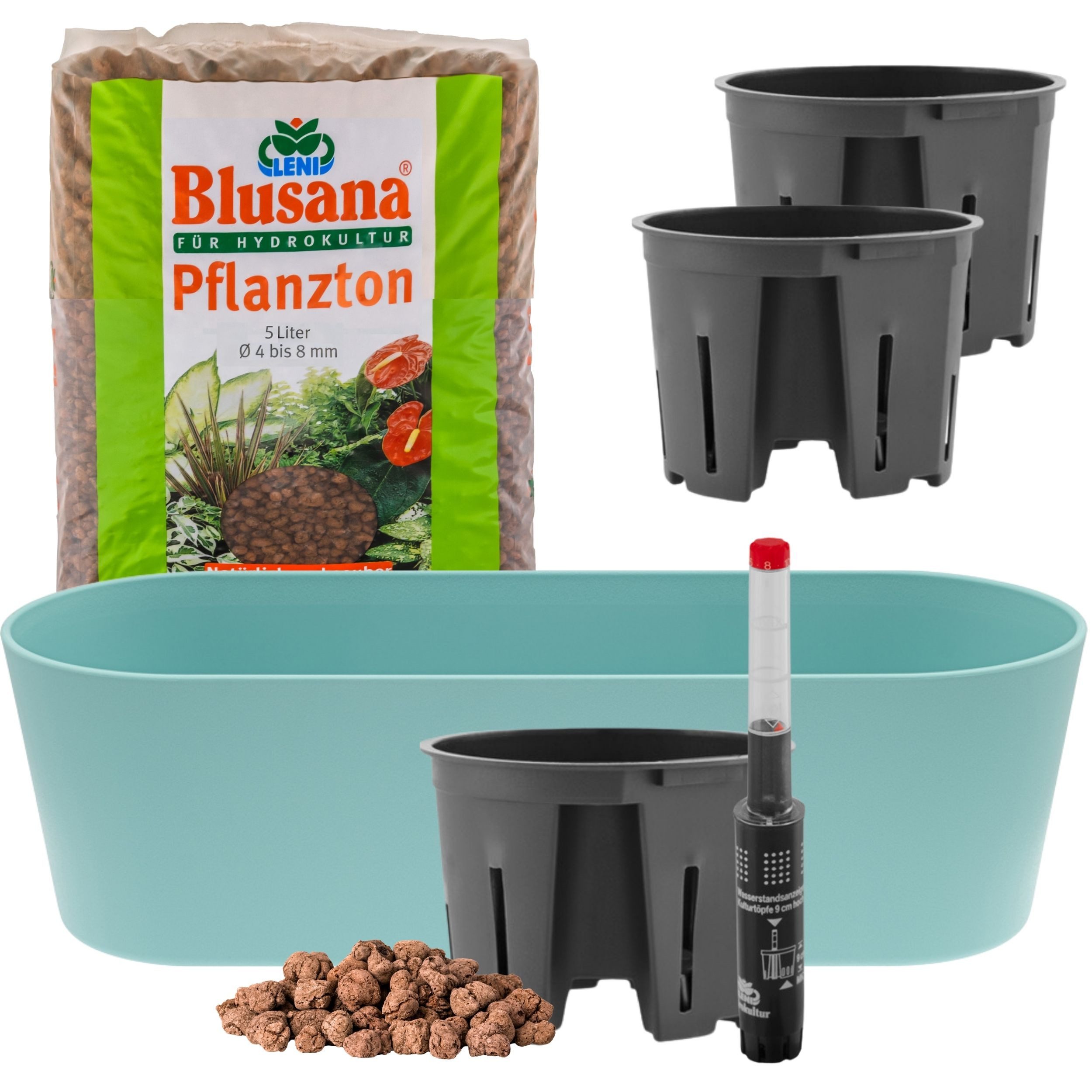 LENI Jardiniere Blumentopf länglich Pflanzkasten 36 cm lang Kräuter & Zimmerpflanzen (Komplettes Starter Set Selbstbewässerungstopf, mit 3 x Kulturtopf, 1 x Wasserstandsanzeiger, 5l Pflanzton), Übertopf ohne Loch für Hydrokultur & Erde, perfekt als Kräuter-Topf