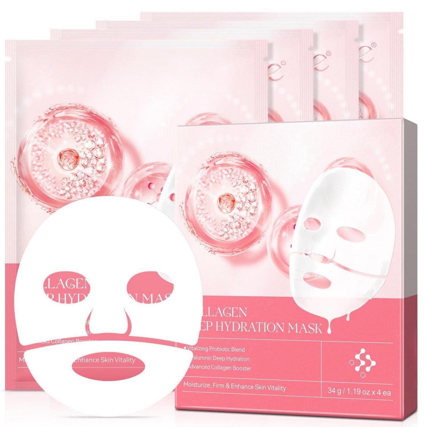 LuxusKollektion Gesichtsmasken-Set Tuchmasken Kollagen 4er Set Feuchtigkeit Anti Aging