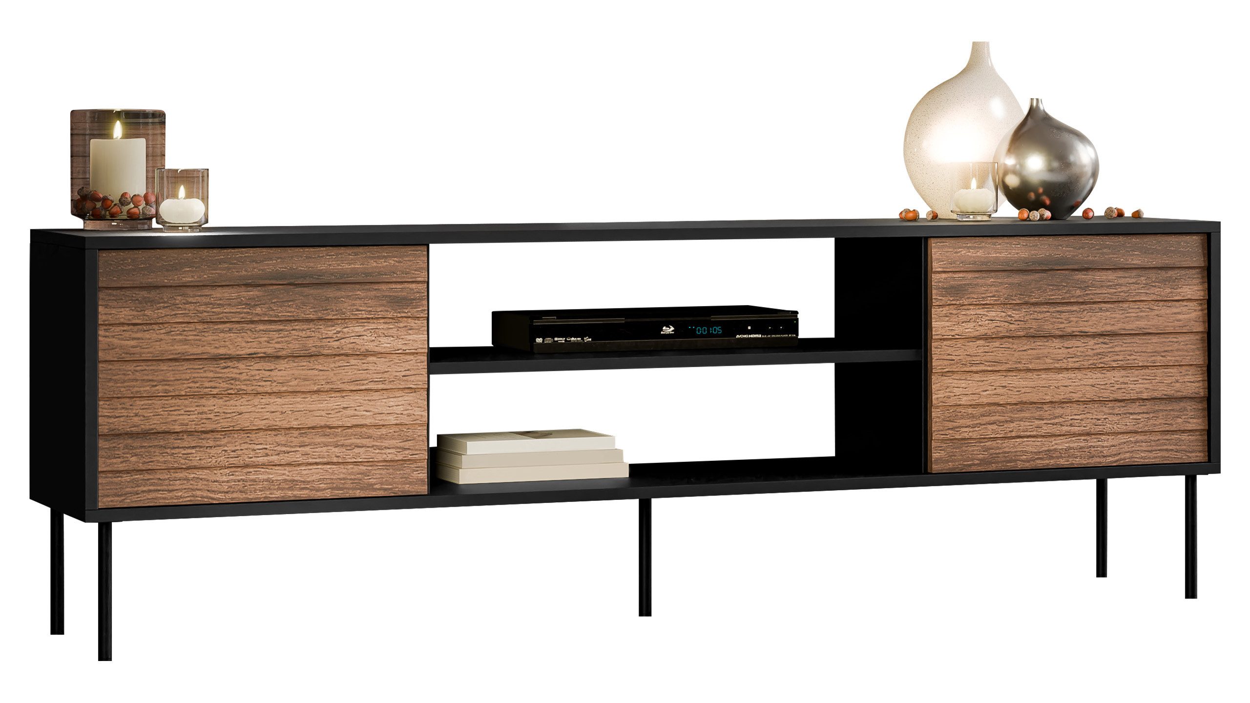 MIRJAN24 TV-Schrank Cortina 180 EF (mit zwei Drehtüren und Regal) Schwarze Stahlfüße, Griffloses Öffnungssystem push to open