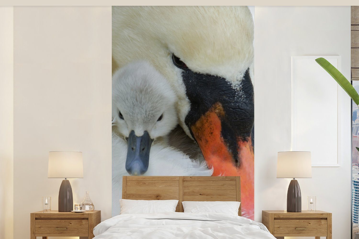 MuchoWow Fototapete Schwan - Küken - Makro, Matt, bedruckt, (2 St), Vliestapete für Wohnzimmer Schlafzimmer Küche, Fototapete