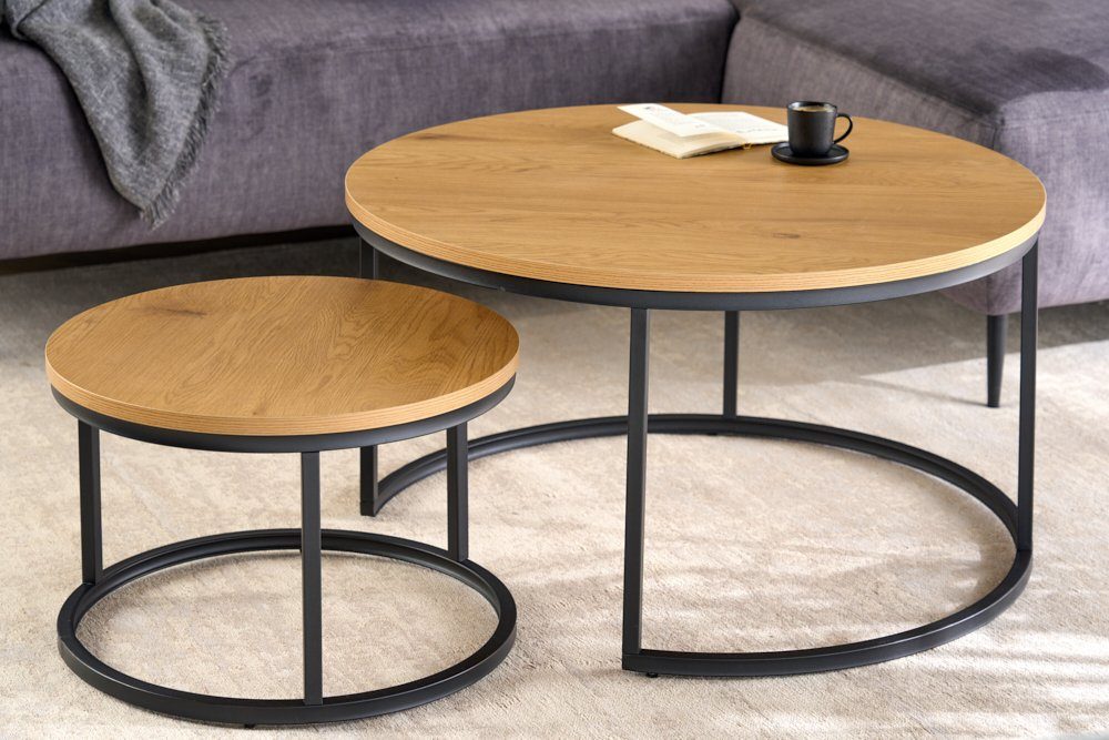 riess-ambiente Couchtisch ELEGANCE Ø80cm natur / schwarz (Set, 2-St., 2x Couchtisch), Wohnzimmer · rund · Wildeichen-Design · Metall-Gestell · Industrial