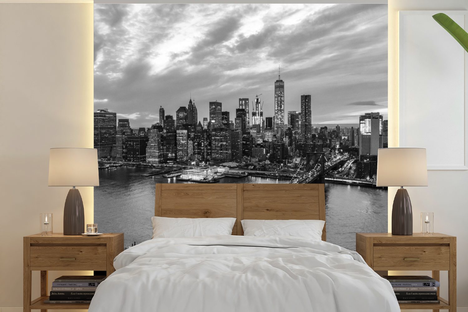 MuchoWow Fototapete Luftaufnahme der Brooklyn Bridge - schwarz-weiß, Matt, bedruckt, (5 St), Vinyl Tapete für Wohnzimmer oder Schlafzimmer, Wandtapete