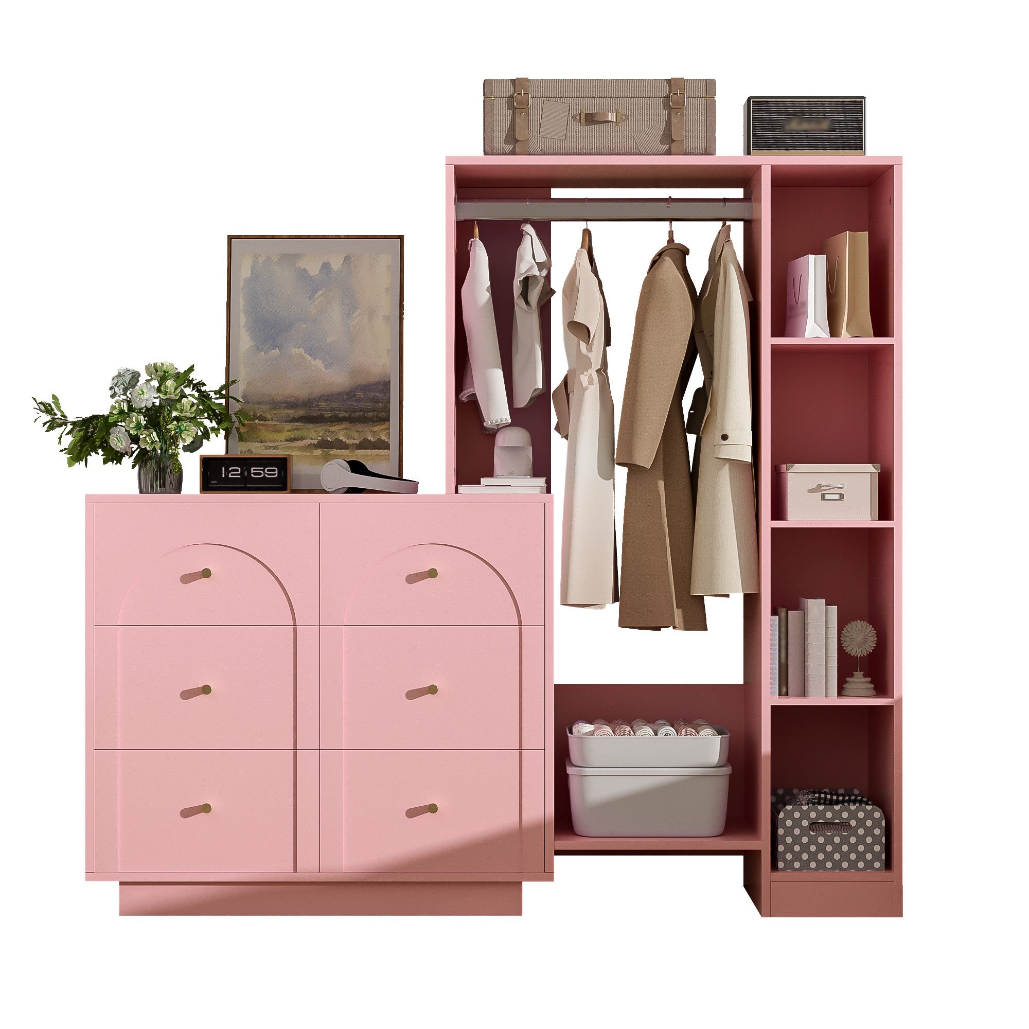 Refined Living Garderoben-Set Kleiderschrank mit Kleiderstange und 6 Schubladen,offene Garderobe, (139 × 35 × 133 cm, Schlafzimmerschrank mit Seitenregalen, Kleiderständer mit Stauraum, Garderobenschrank für Schlafzimmer und Ankleidezimmer, Aufbewahrungsschrank aus Holz und Metall, Schlafzimmerschrank, Schlafzimmer Möbel, Multifunktional Möbelstück, 1-St., Großzügiger Stauraum, Robust & sicher, Mit Kippsicherung), für Schlafzimmer, Wohnzimmer,Ankleidezimmer, Apartments