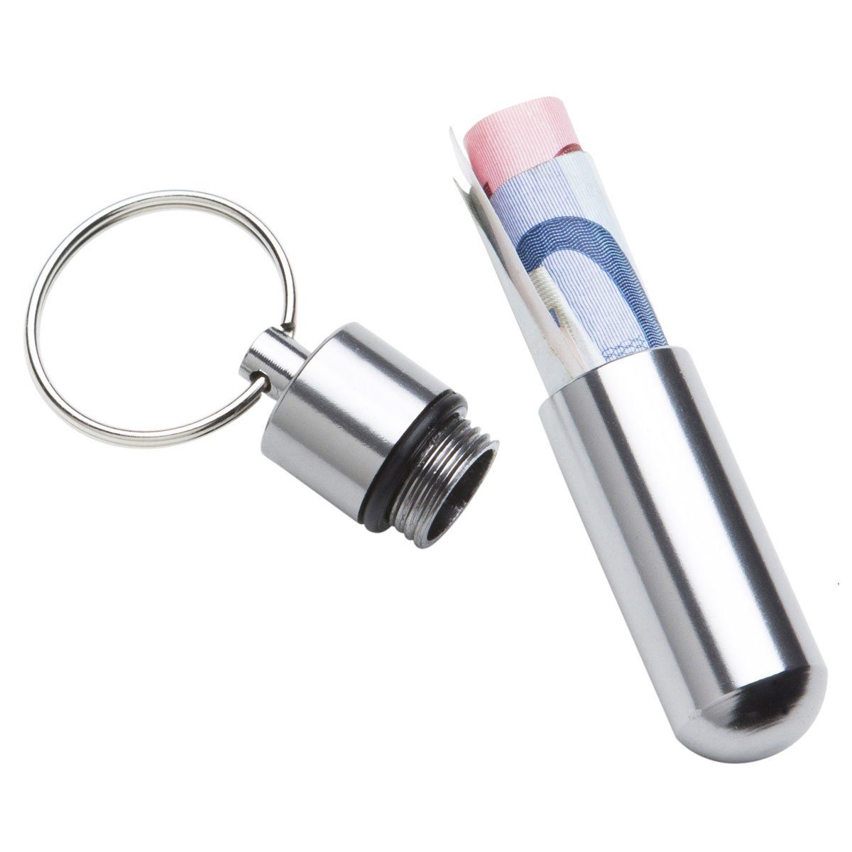 Goods+Gadgets Pillendose Mini Aluminium Pillendose Wasserdichte Reise Kapsel Schlüsselanhänger (Schlüsselanhänger, Metall-Kapsel), 52 mm lang