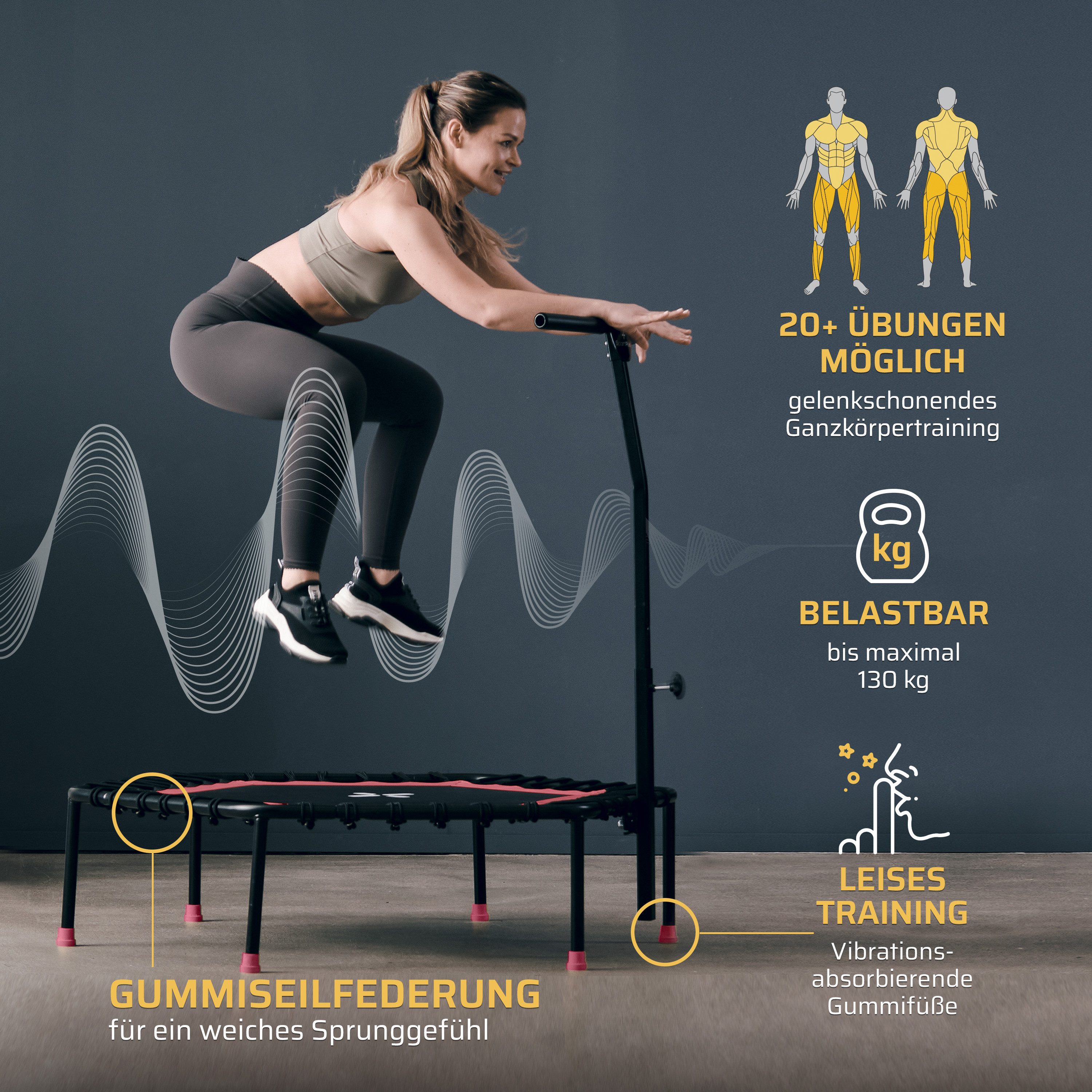 SportPlus Fitnesstrampolin SP-T-1100-P, Ø 126 cm, Fitnesstrampolin mit Haltefunktion, max 100 kg, SP-T-1100-P