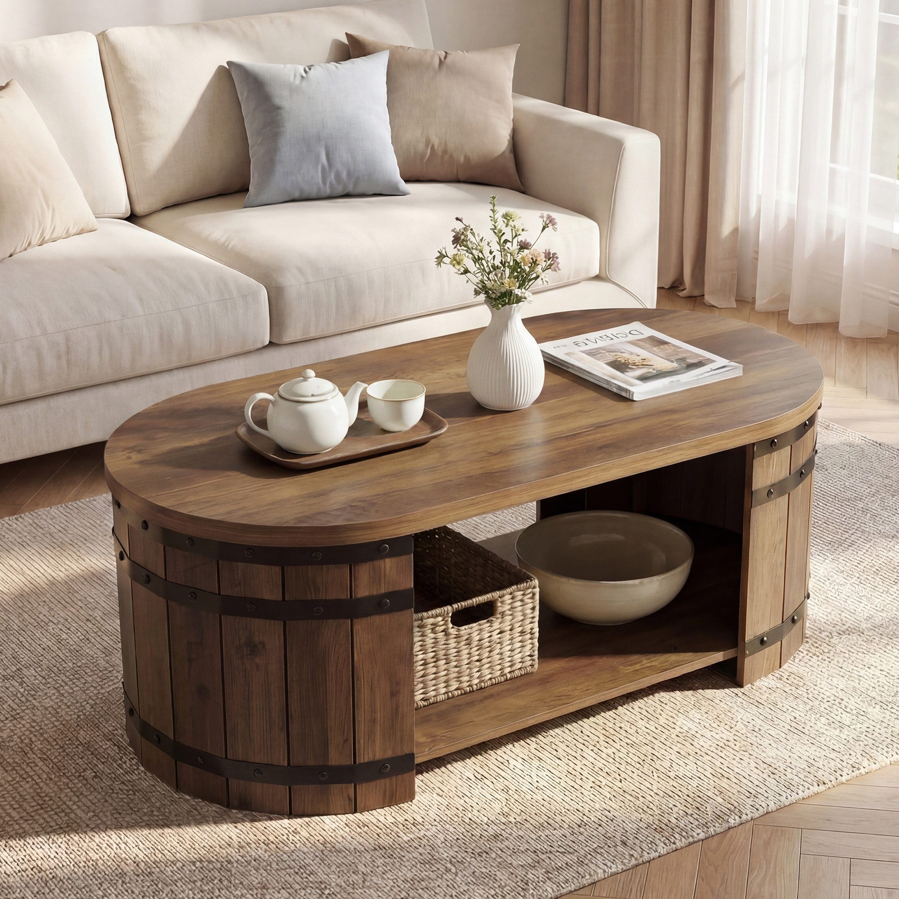 Tribesigns Couchtisch Ovaler Couchtisch Wohnzimmertisch 120 cm mit Stauraum (120 x 60 x 45 cm), 2 Ebenen Wohnzimmertisch im Industrial- und Landhausstil
