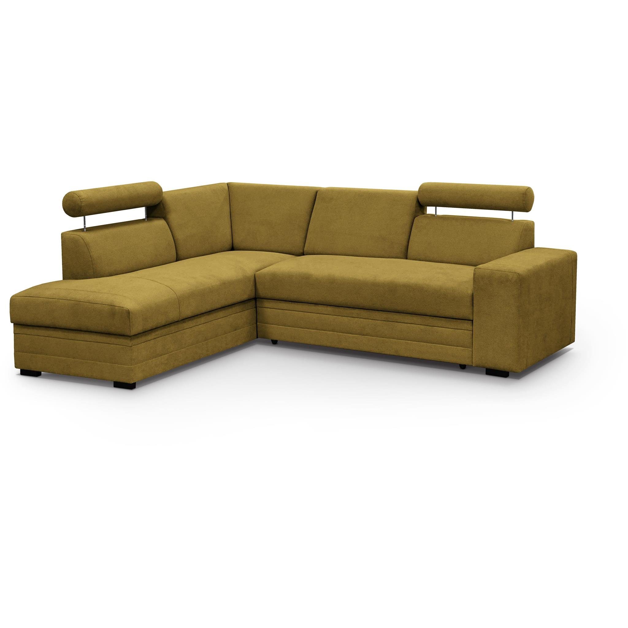 Beautysofa Ecksofa Roma, 250 cm breite L-Form Polsterecke, Schlaffunktion, Bettkasten, verstellbare Kopfstützen Gelb (vardo 68)