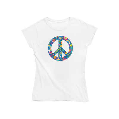 Novux T-Shirt Blue Floral Peace Damen Tshirt Farbe Weiß (1-tlg) aus Baumwolle