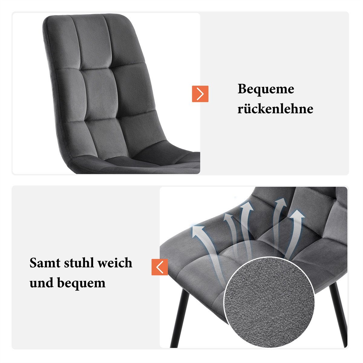XDeer Esszimmerstuhl 4er Rückenlehne, Küchenstuhl montieren aus Samt zu Sitzfläche mit Gestell Esszimmerstühle,Polsterstuhl Metall,Leicht Set aus Grau