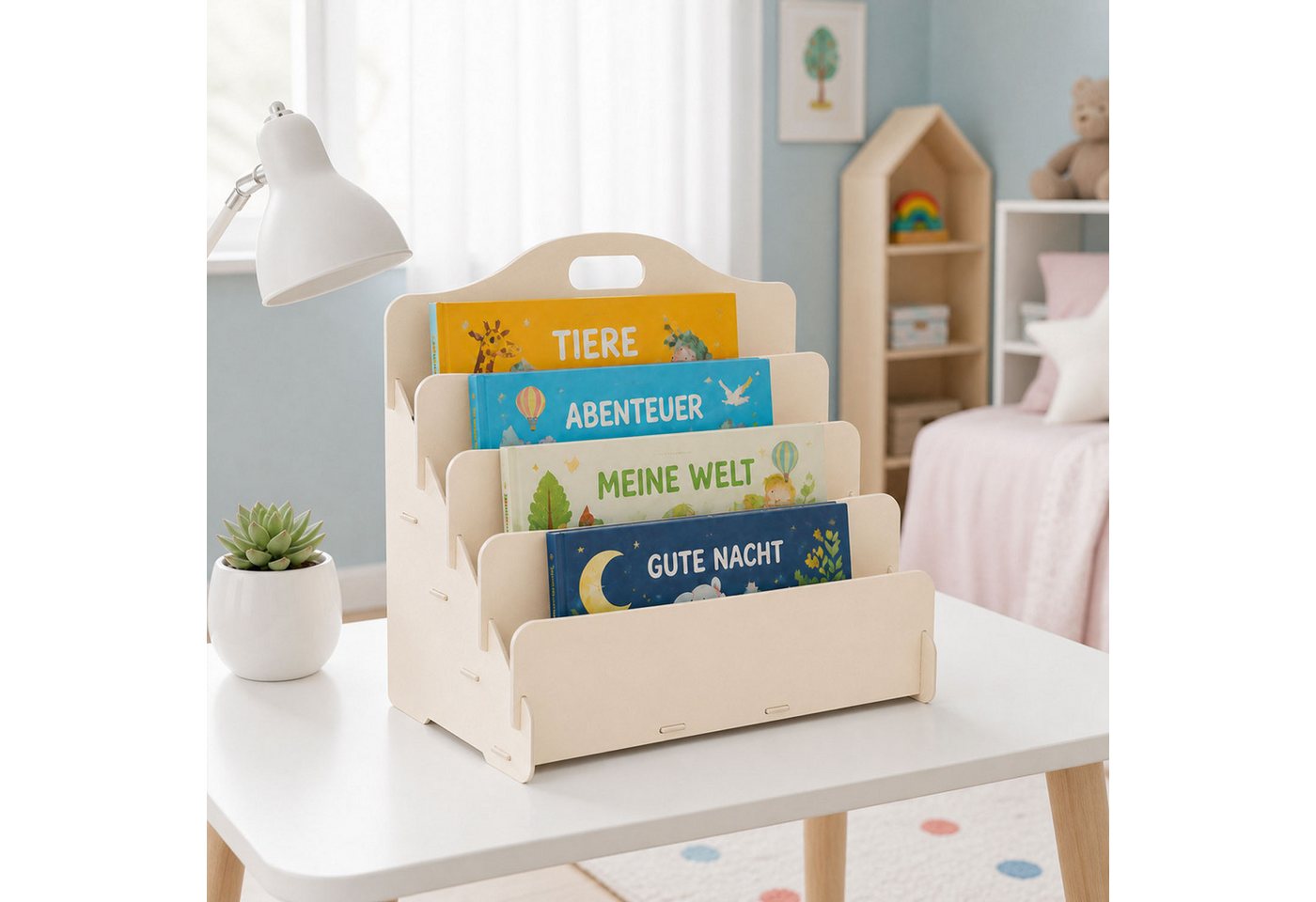 Jungengel Bücherregal Montessori Bücherständer Kinder-Bücherregal Holz Bücheraufbewahrung, Einzelartikel, 4x Farben/Modelle, schraubenlose Steckmontage, 45x20x35 cm