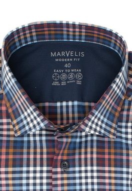 MARVELIS Businesshemd Easy To Wear Hemd - Modern Fit - Langarm - Kariert - Blau/Rot 4-Wege-Stretch