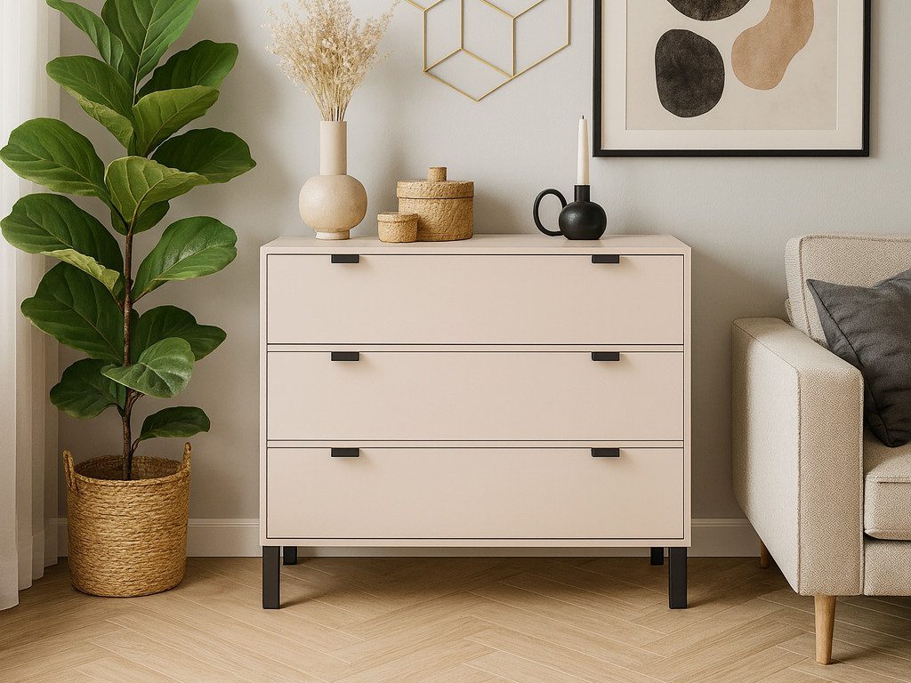 Beautysofa Kommode CORTINA Sideboard mit 3 Schubladen (mit Metallgriffen und Füßen, Farbe Sandbeige), Breite: 109 cm