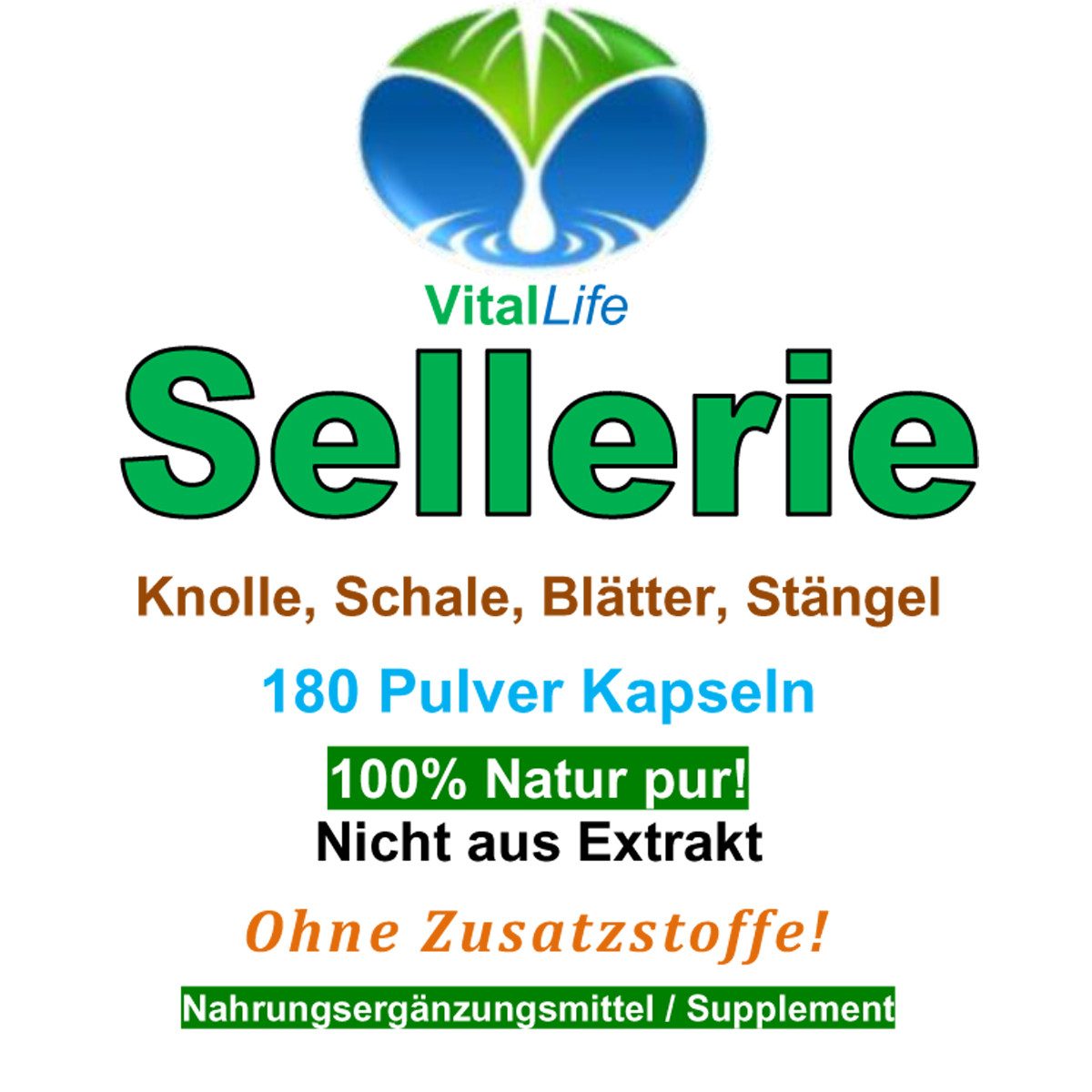 VitalLife SELLERIE Celery (Wurzel, Knolle, Blätter, Stängel) Natur Pur Kapseln, 1 er Dose à 180 St., 97 g, Art. 26319-180