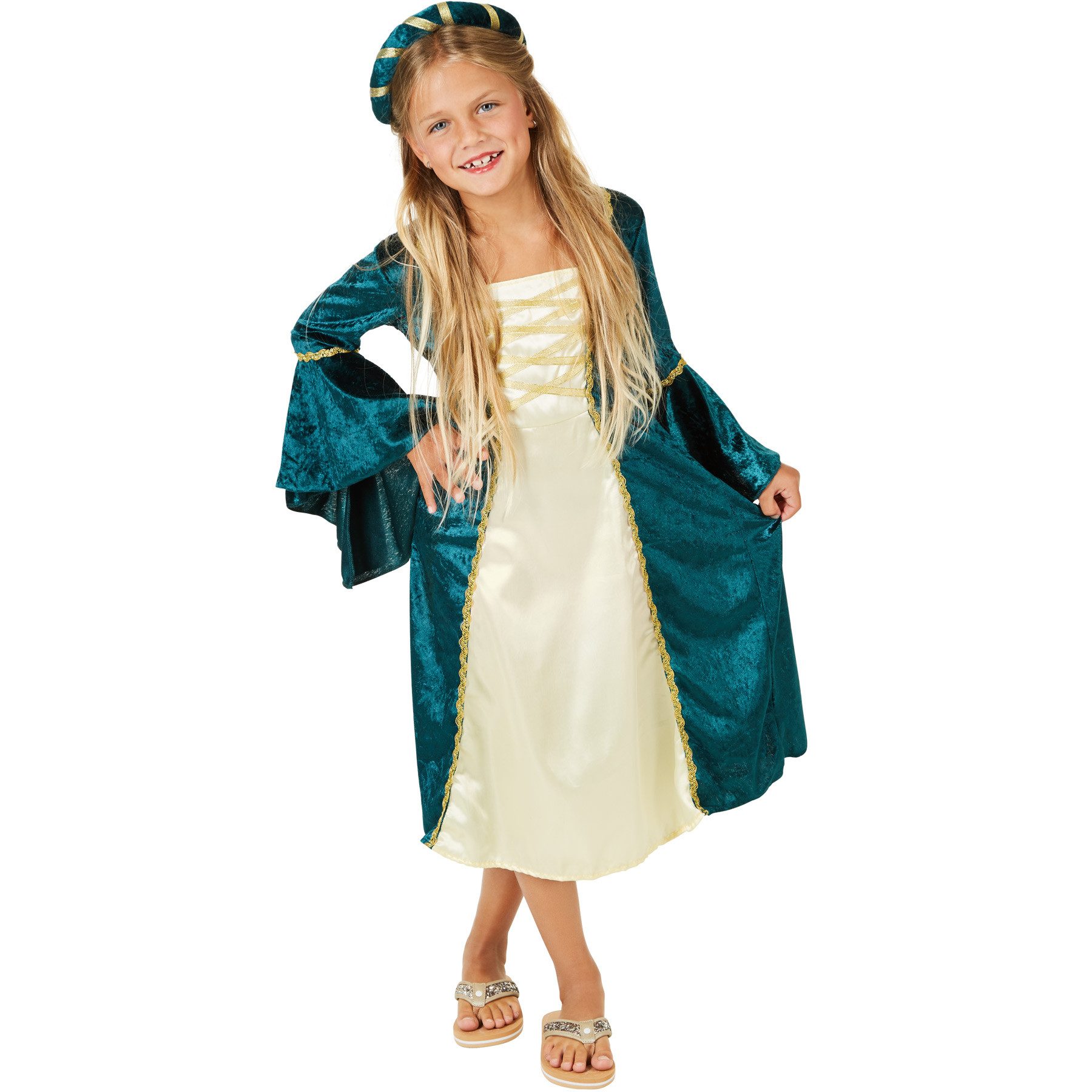 dressforfun Kostüm Prinzessin/Edelfrau, in blau, Mittelalterverkleidung, Langes Kleid, Gr. 116 (5-6 Jahre), Aus Pannesamt und glänzendem Satin, Haarband
