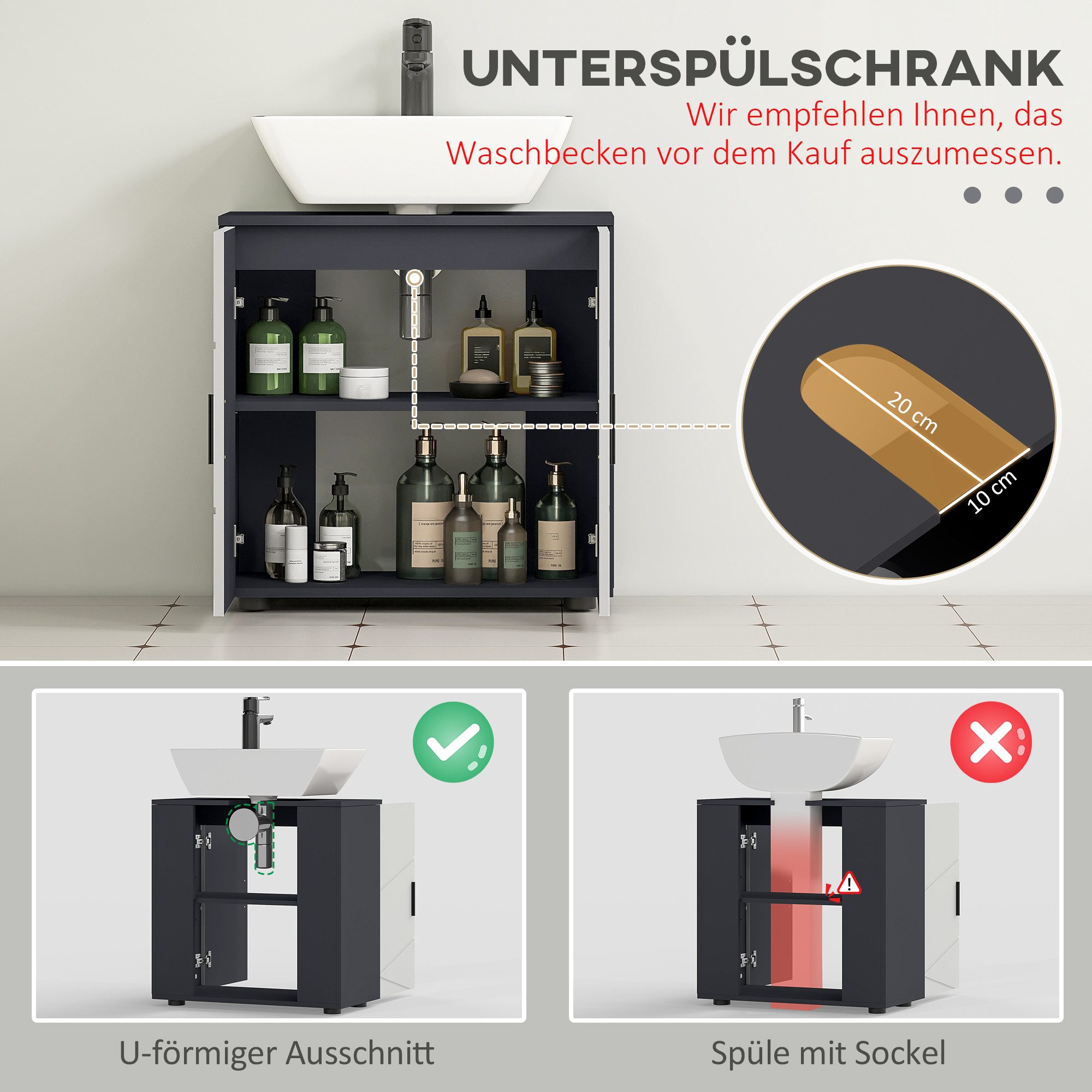 Kleankin Waschbeckenunterschrank mit Verstellbarer Ablage, Waschtischunterschrank mit Griff, (Unterschrank, 1-St., Badunterschrank) mit Kippschutz, Grau, 60 x 3 – Bild 4 von 5