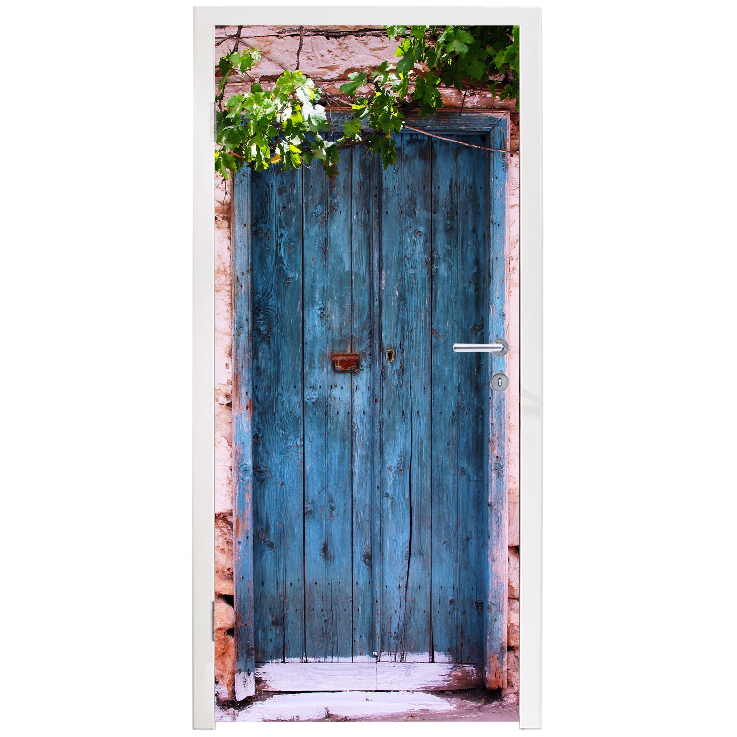 75x205 Türaufkleber, Matt, Vintage Haus Tür, - Türtapete bedruckt, - für - MuchoWow Fototapete St), cm Baum, Tür Blau - (1