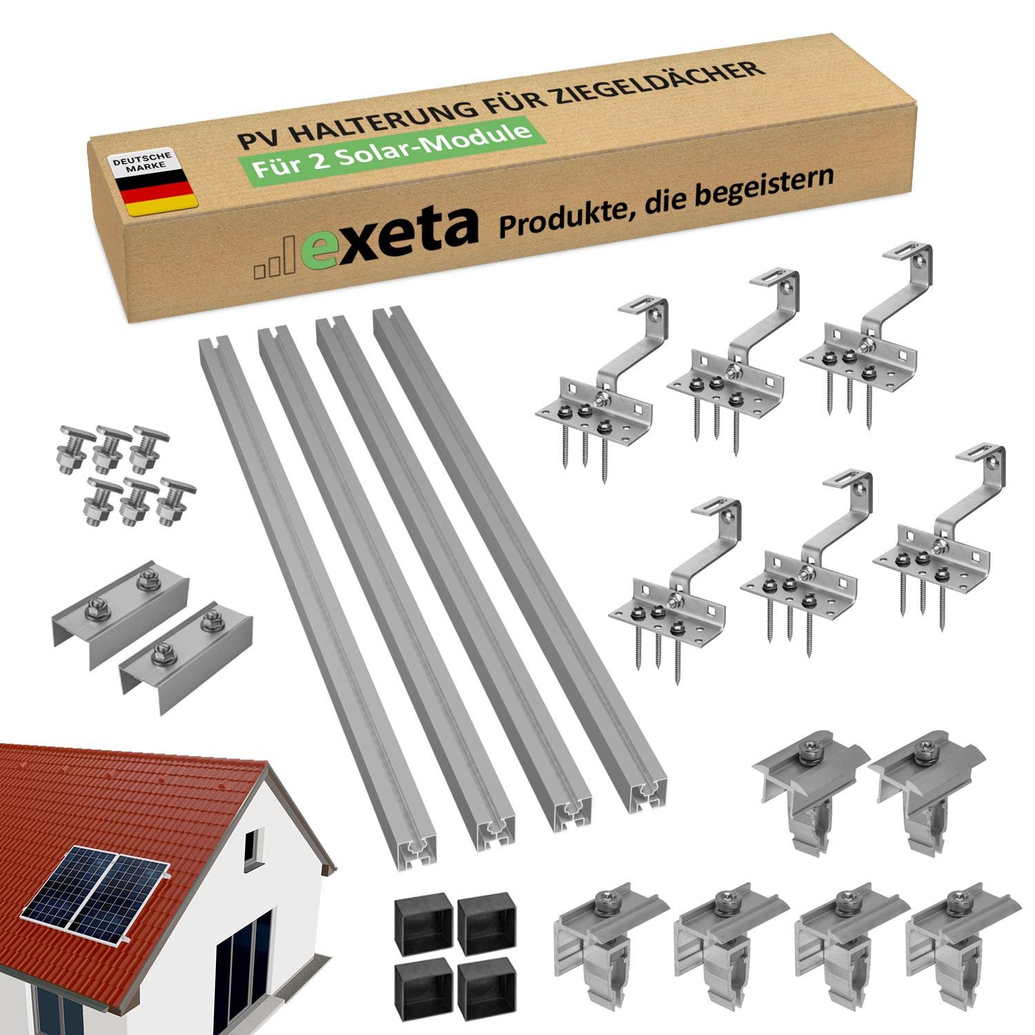 exeta Solarmodul-Halterung Solar-Halterung Ziegeldach Montageset Dach Befestigung f 2 Solarmodule, (Montageset für 2 Module witterungsbeständig)