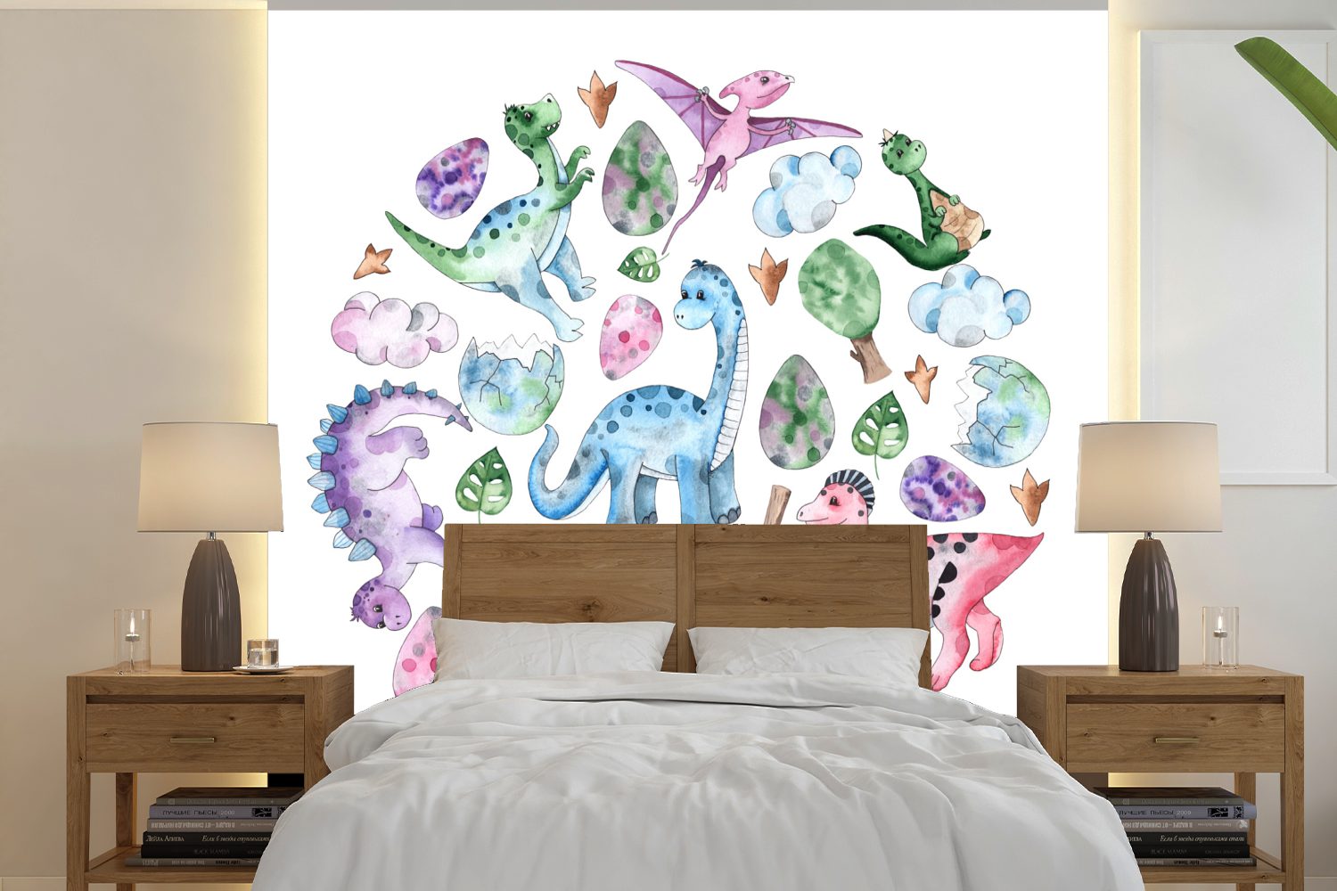 MuchoWow Fototapete Kinderzimmer - Dinosaurier - Kreis - Mädchen - Kinder - Rosa - Kind, Matt, bedruckt, (5 St), Vinyl Tapete für Wohnzimmer oder Schlafzimmer, Wandtapete