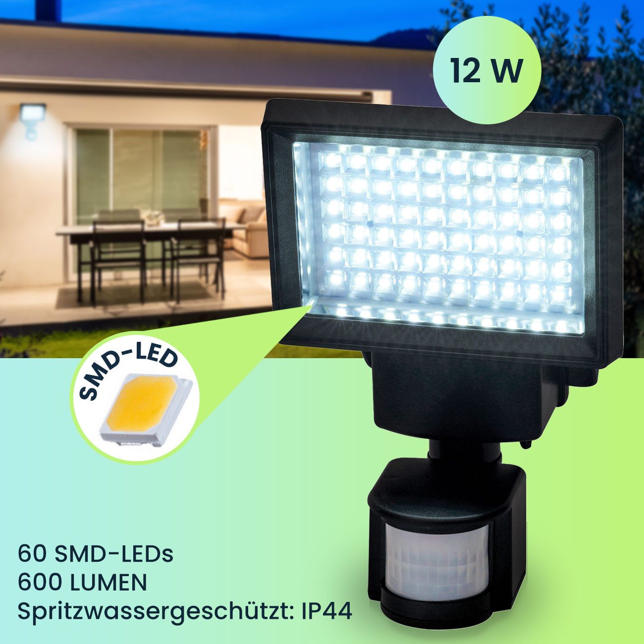 Casativo LED Gartenstrahler LED Solar-Strahler Bewegungsmelder Reichweite 2–12m Sicherheitsleuchte, 60 SMD-LEDs und insgesamt 600 Lumen – Bild 4 von 5