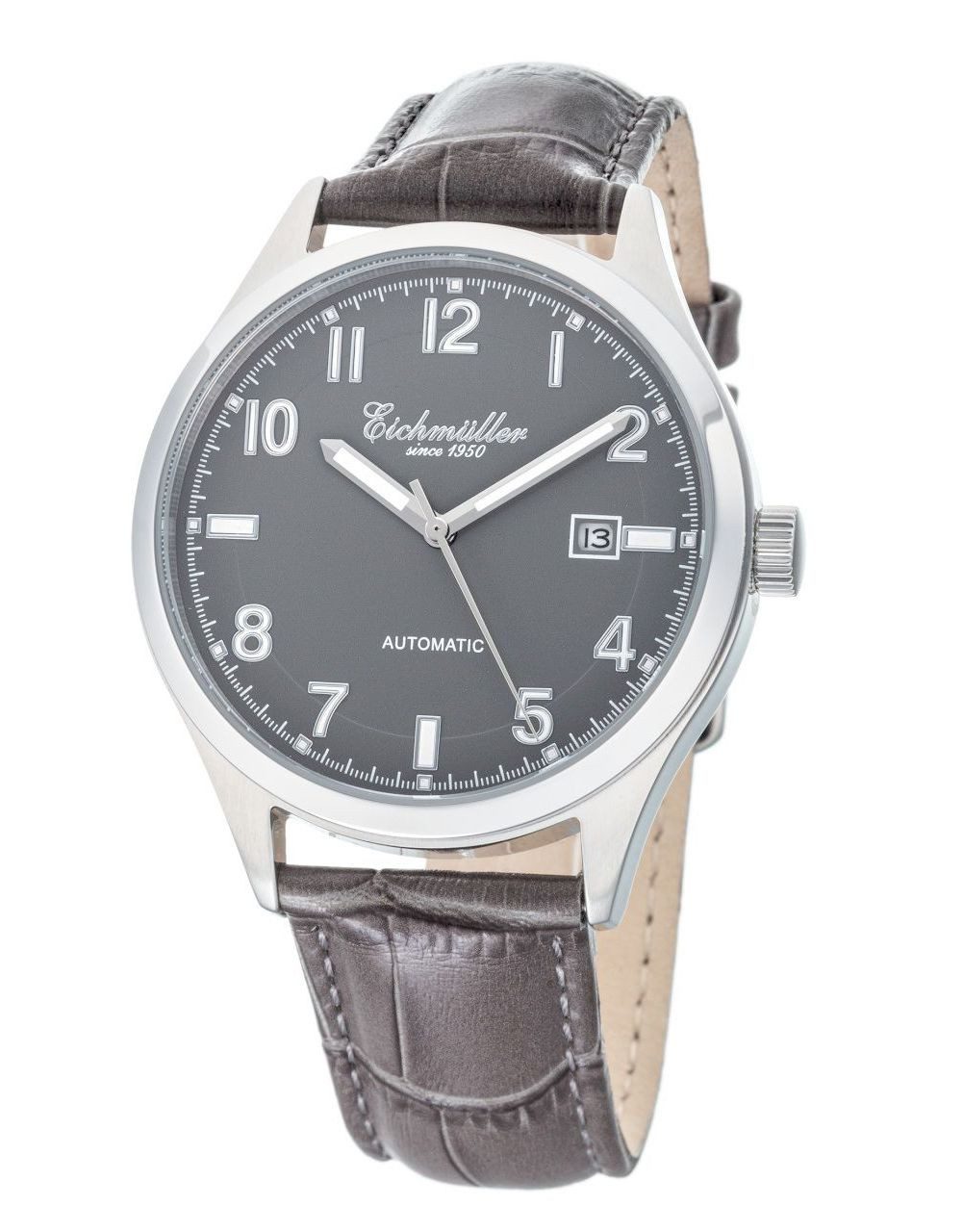 Eichmüller Automatikuhr Herrenuhr RE7041 Grau Lederband Graubraun 41 mm