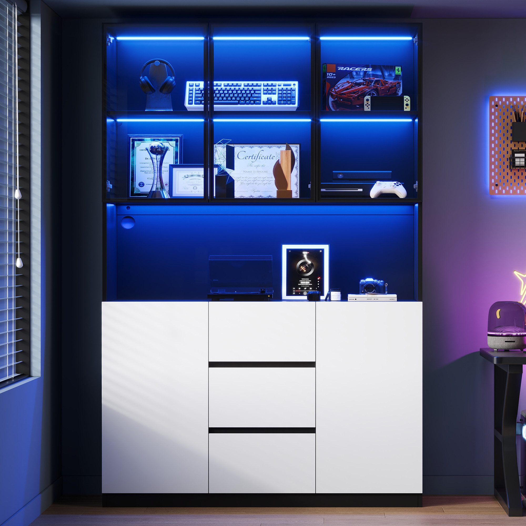 MODFU Vitrine Hochglanz-Sideboard 120x200x40 cm in Weiß (Packung, 1-St., Kombination aus offenen Fächern & Stauraum) LED-Beleuchtung, Glastüren & Schubladen