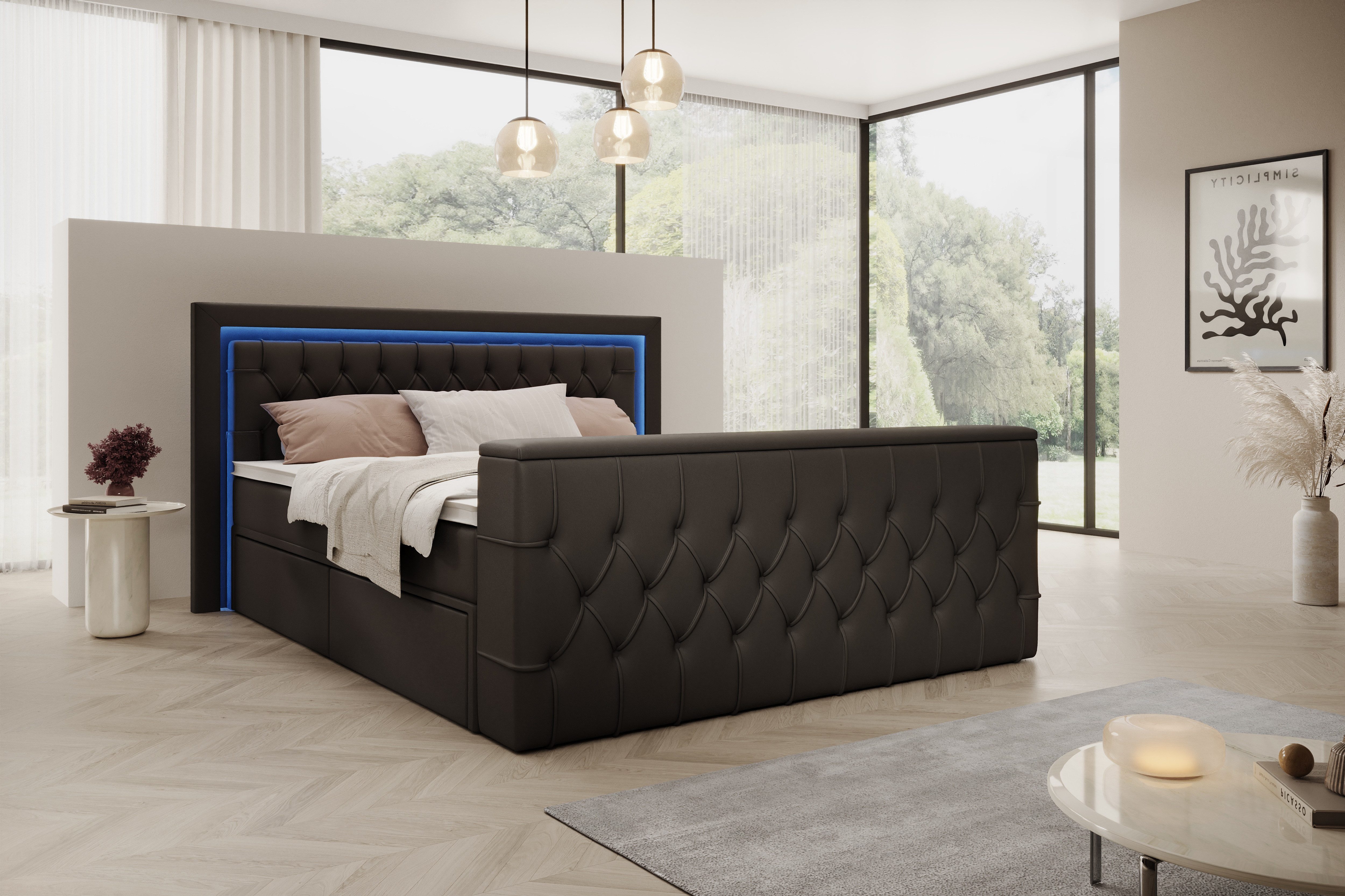 PROMETO Möbel Boxspringbett Doppelbett 180x200 mit Matratze, Schubladen TV-Lift LED Beleuchtung, inkl. 7-Zonen-Taschenfederkernmatratze, TV-Lift im Fußteil, Topper