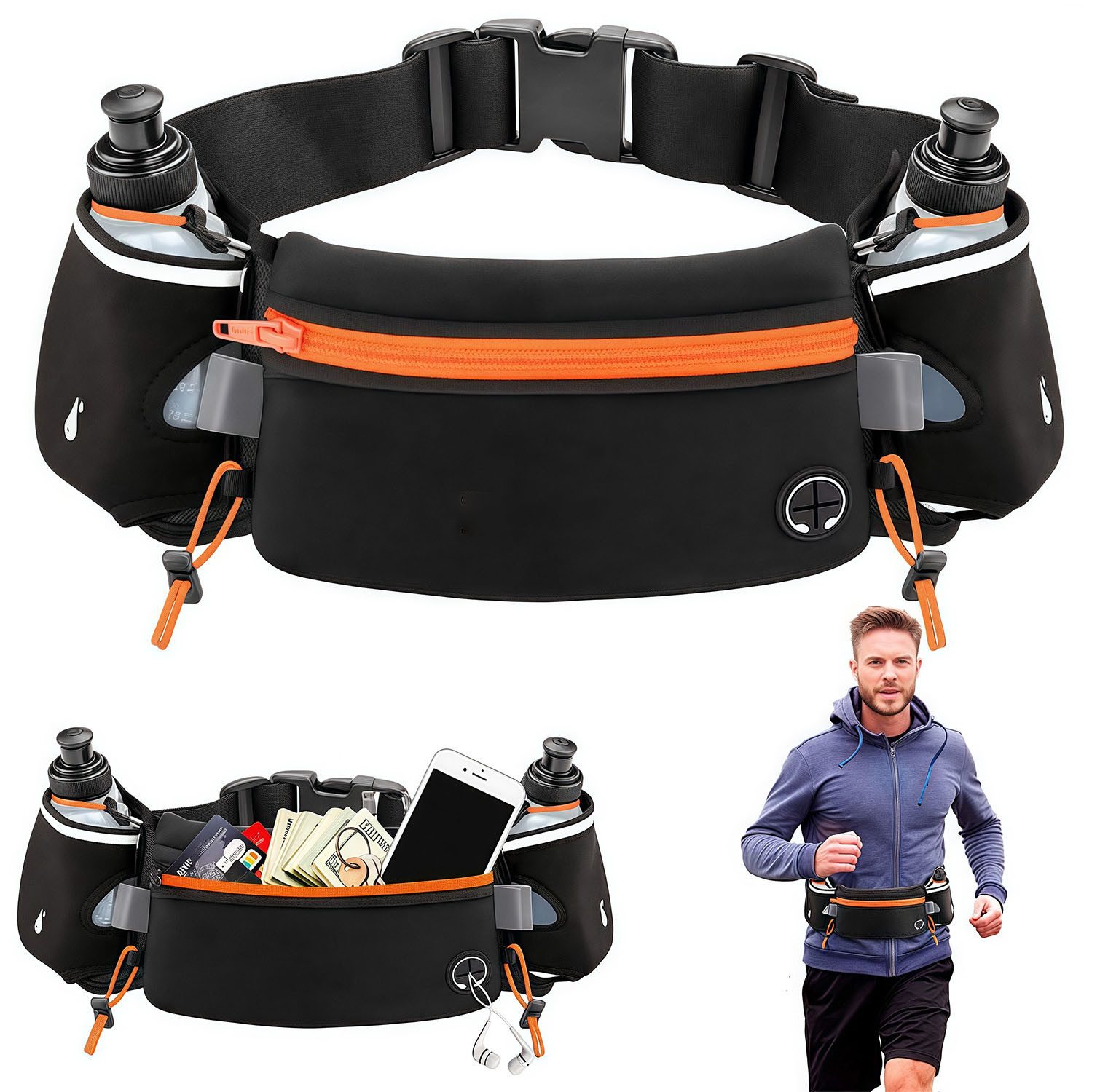 MOPUEA Laufgürtel Running Waist Pack, Laufgürtel mit Wasserflasche, Fitness (für Marathon, Laufen, Wandern, Radfahren, 1-St., Trinkgürtel, wasserdichte Hüfttasche) passend für iPhones, verstellbare Sport-Hüfttasche