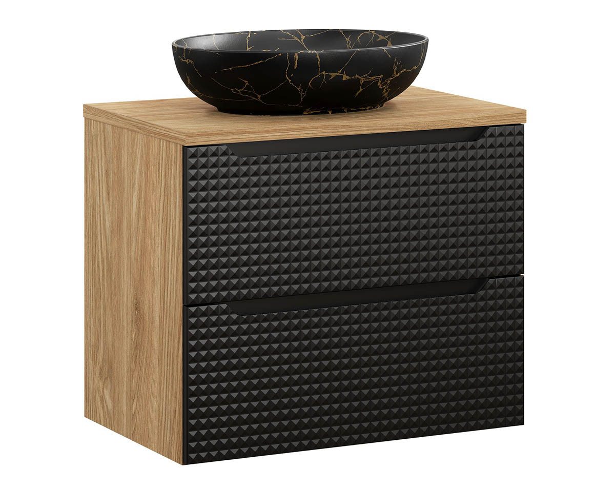 einfachgutemoebel Waschtisch-Set Bad Waschplatz LUX Onyx 70cm Schublade, Becken marmoriert, black-oak, (Badmöbel Set, 1-St., Waschtisch Unterschrank)