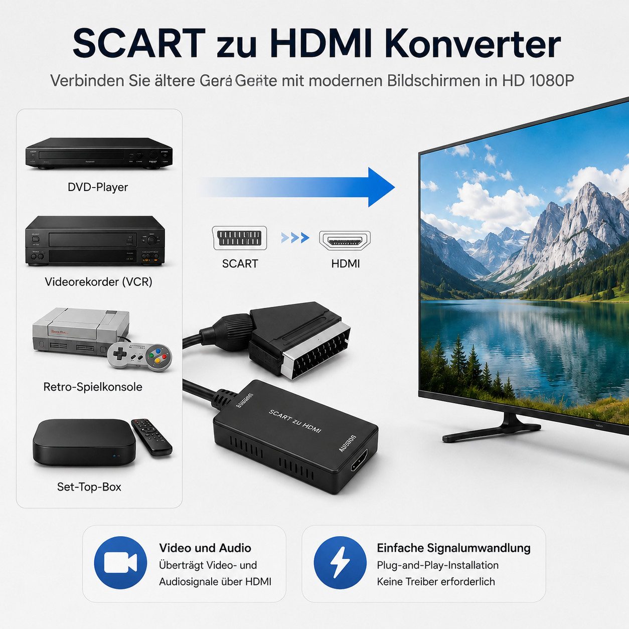 XEOOCE Scart-Hdmi-Konverter, 1080P, Mit 1 M Kabel, Schwarz Video-Adapter DVI-D zu USB Typ A