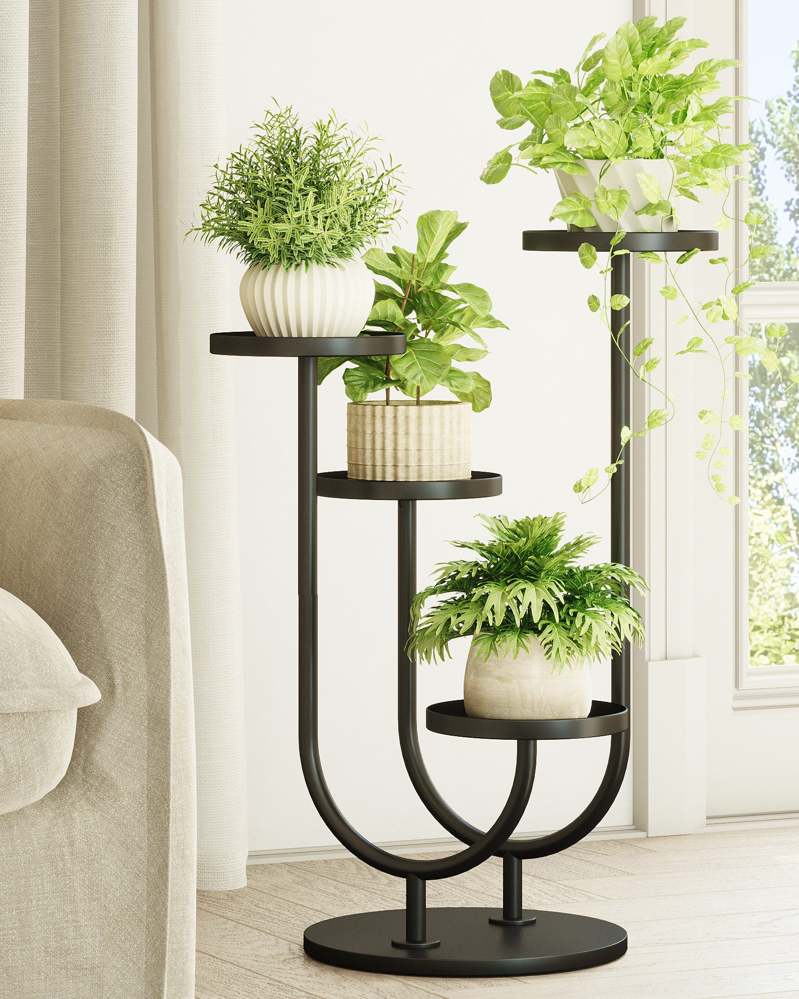 Bamworld Blumenständer Verbesserter Pflanzenständer für Außen & Ecken, Schwarz, 4 Töpfe (1 St), Mittelalter-Modern, Innen/Außen Balkon Wohnzimmer