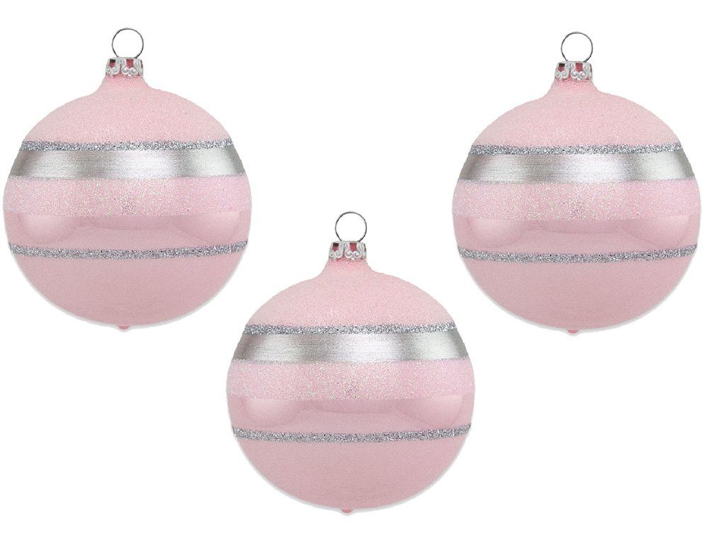 Thüringer Glasdesign Weihnachtsbaumkugel Ø 8 cm - Glitterstreifen Rosa Opal (3 St), aus Glas